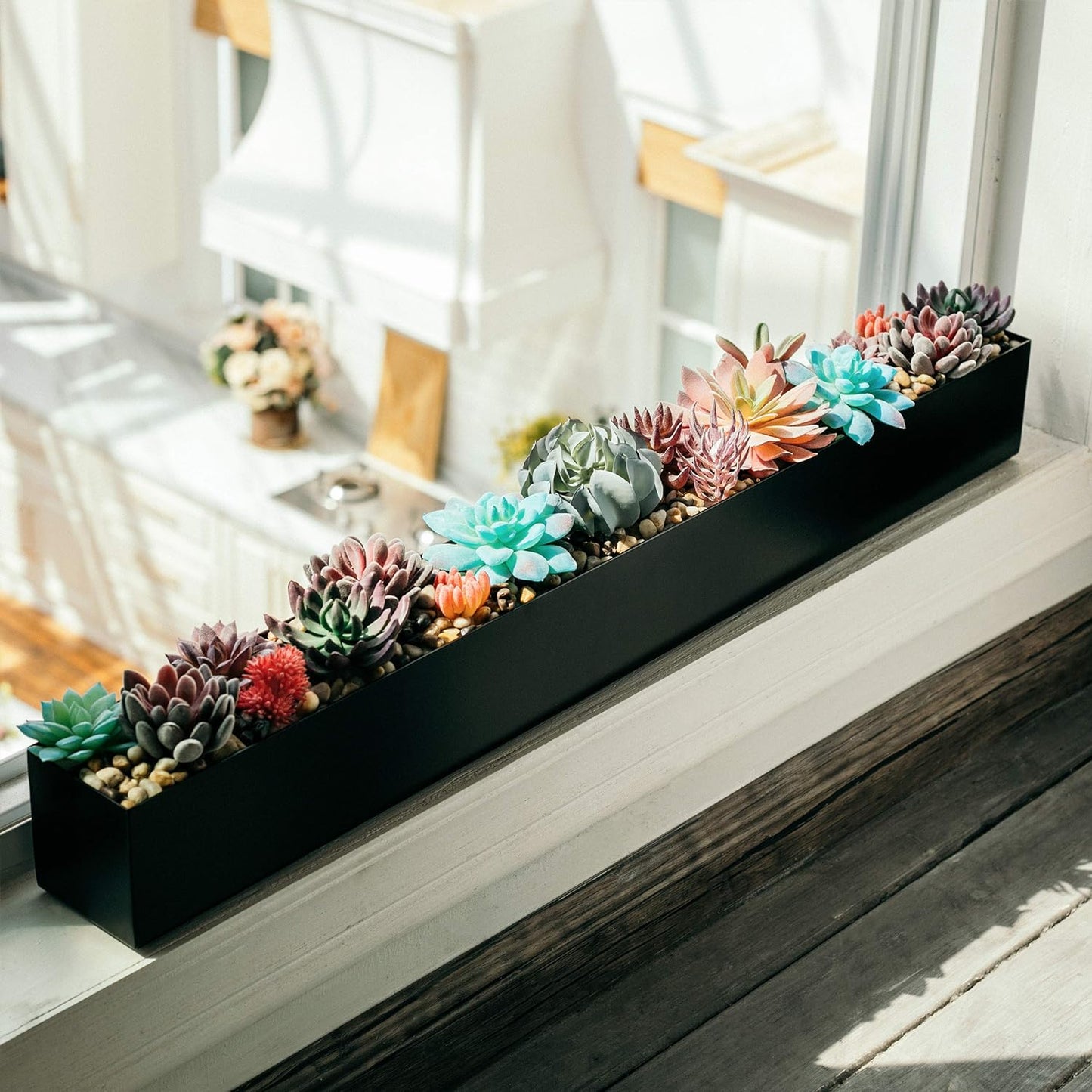 DR&Co Modern Rectangle Planter Box - 32" Metal Planter Ideal for Long Succulent, Rectangular Box for Table or Window Sill, Trough for Indoor Window, Black