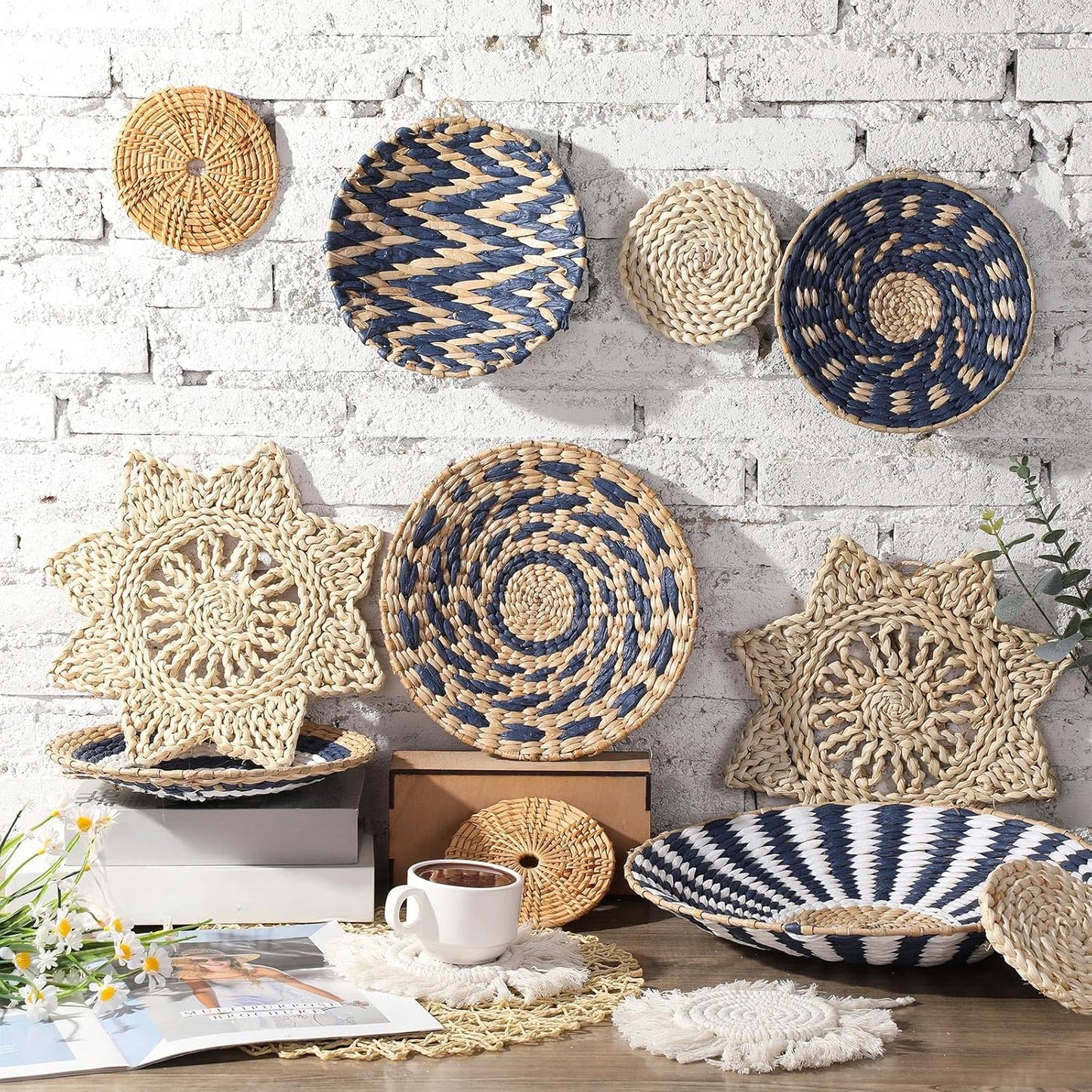 15 Pcs Boho Wall Basket Decor Woven Rattan Seagrass Wall Decor Hanging Rustic Farmhouse Western Art Decoration for Nursery Living Room Bedroom Home Kitchen(Blue Style)