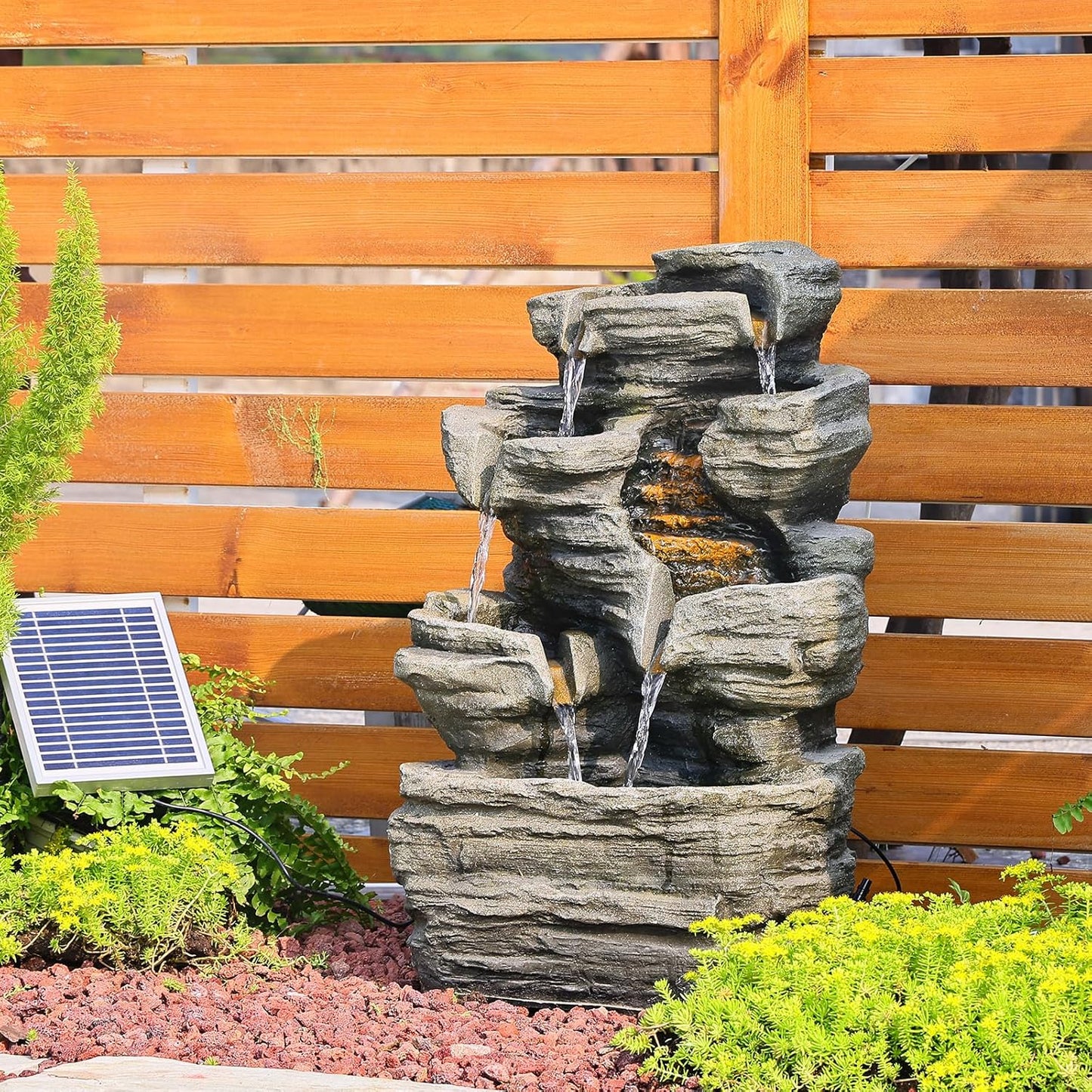 6 Tier Cascading Rock Solar Water Fountain Outdoor Garden Waterfall Decor for Garden, Patio, Backyard, Deck, Porch and Home Art Decor,24.4" H Outdoor Fountain with LED Lights