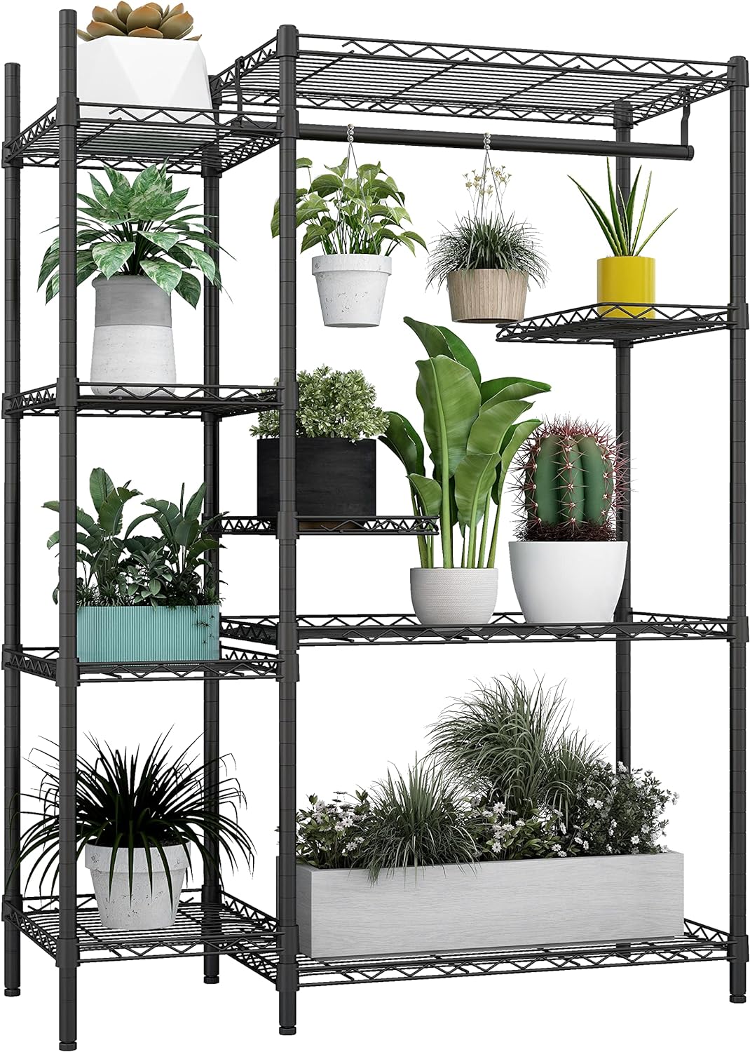 Xiofio Plant Stands for for Indoor Outdoor, Heavy Duty Metal Plant Stand,large Plant Shelf,Adjustable Plant Shelves With Hanging Rod for Living Room,Balcony,Garden,Black