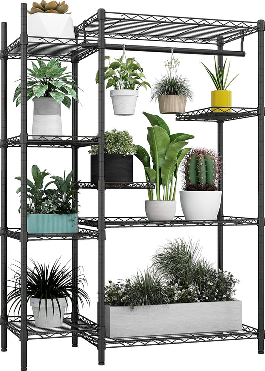 Xiofio Plant Stands for for Indoor Outdoor, Heavy Duty Metal Plant Stand,large Plant Shelf,Adjustable Plant Shelves With Hanging Rod for Living Room,Balcony,Garden,Black