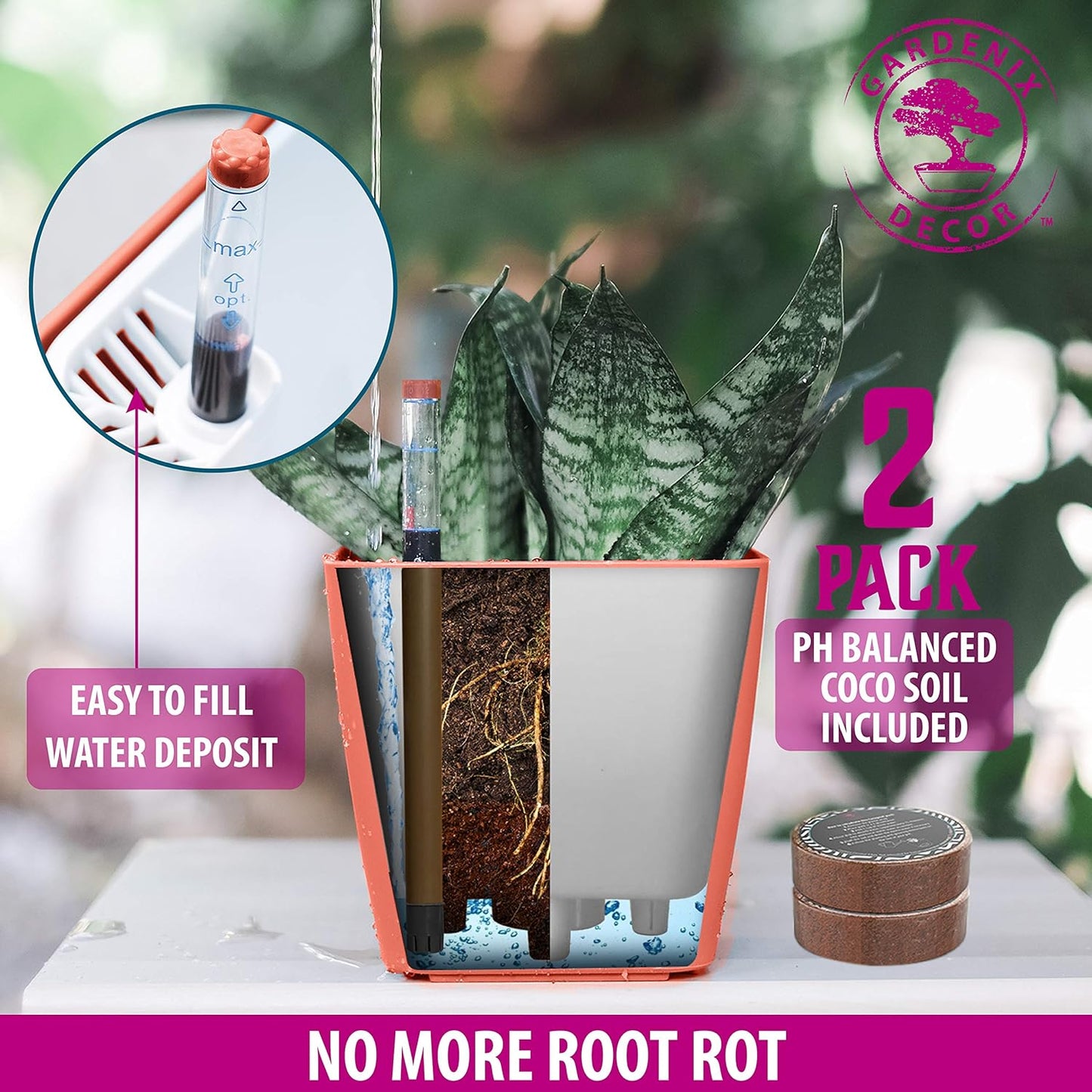 GARDENIX DECOR 5" Self Watering pots for Indoor Plants - Flower Pot with Water Level Indicator for Plants, Grow Tracking Tool - Self Watering Planter Plant Pot – 2 Pack Terracota