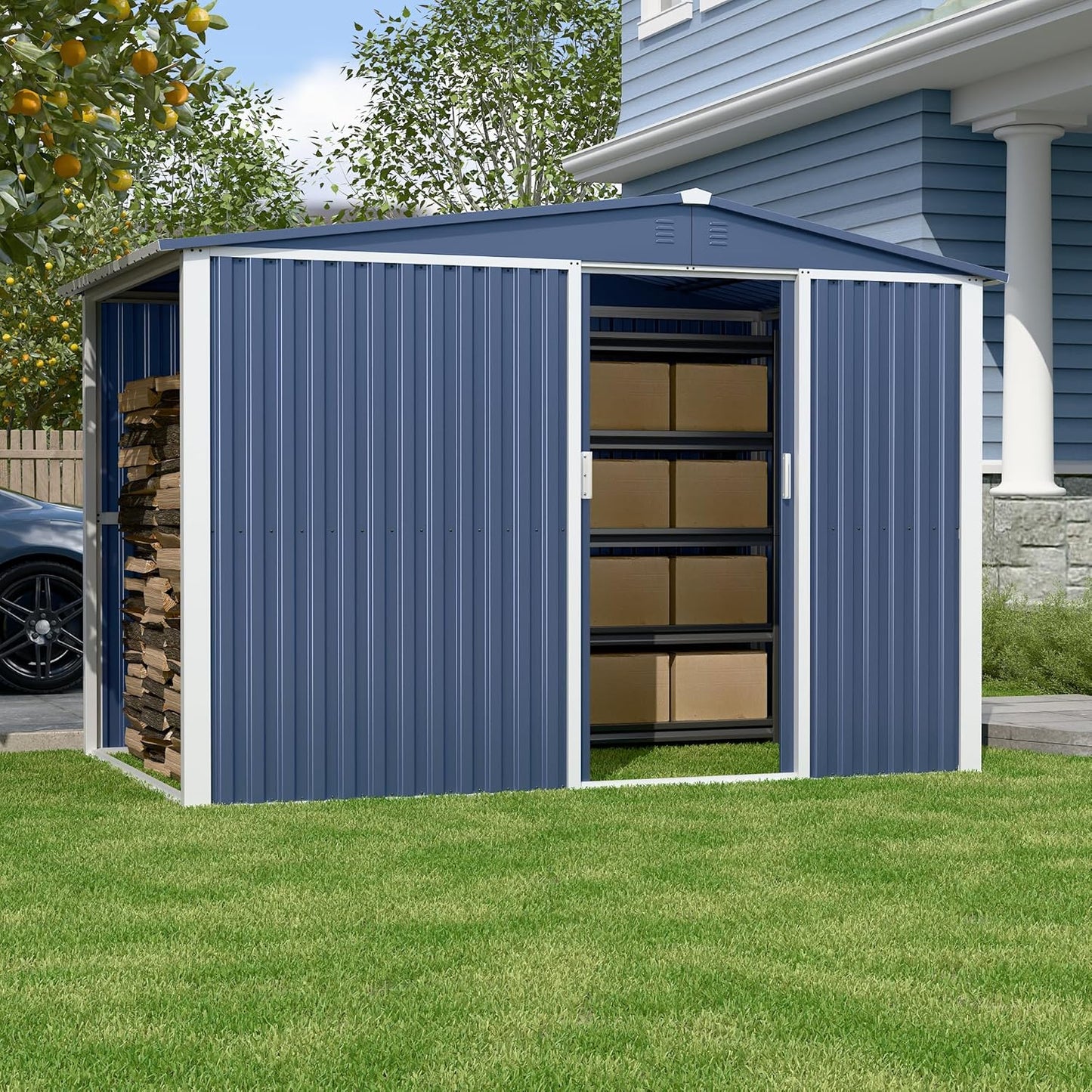 Metal Outdoor Storage Shed 10FT x 6FT with Firewood Storage, Steel Utility Tool Shed Storage House with Sliding Door, Metal Sheds Outdoor Storage for Backyard Garden Patio Lawn, Blue