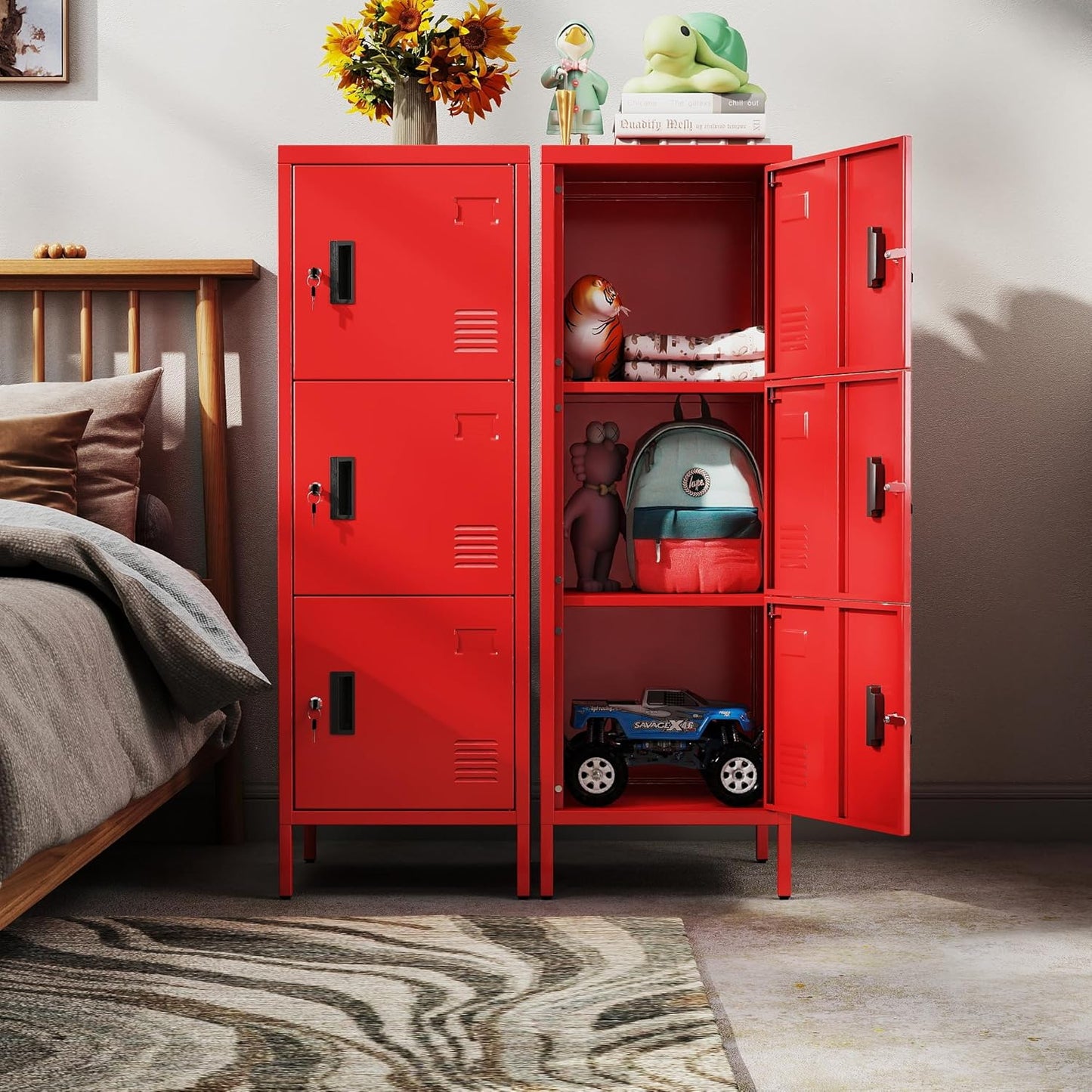 47.3" H x 15.8" D x 15.8" W Metal Storage Locker for Employees,3 Doors Employee Lockers with Adjustable Feet,Steel Home Office Storage Cabinet for School Gym Home Office, Assembly Required,Red