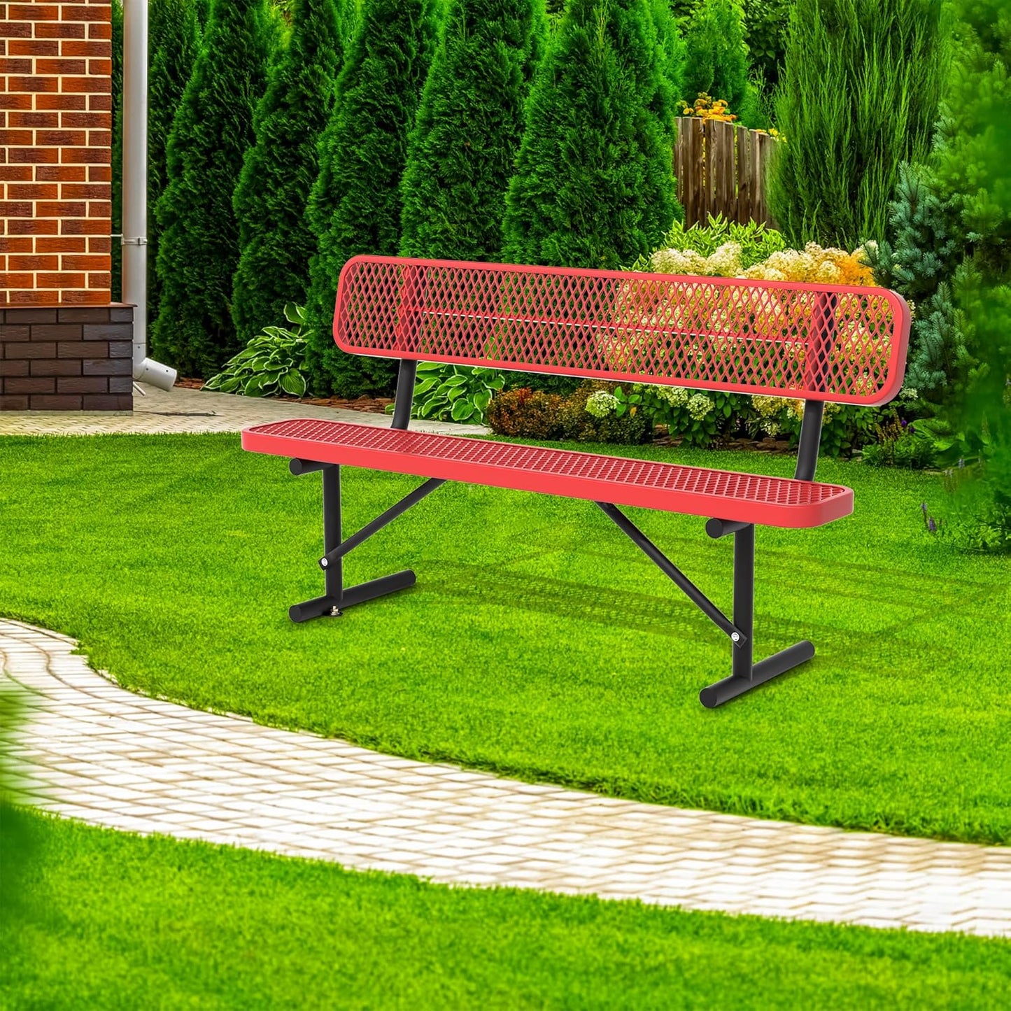 4/6/8 Feet Park Bench for Outside Heavy Duty Metal, Garden Benches Outdoor Bench with Backrest & Portable Frame, for Shopping Malls Stores Parks Patios Decks, Red