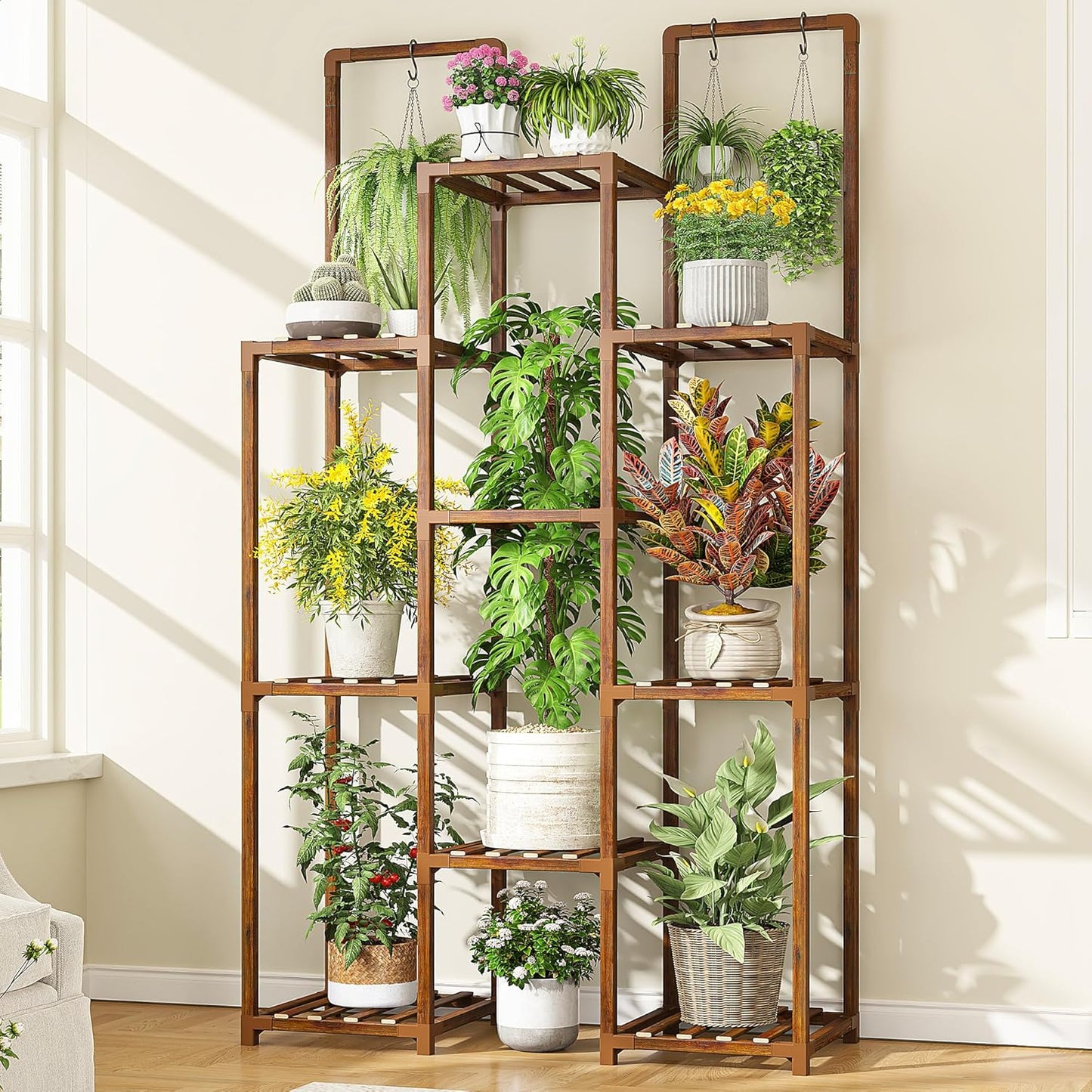 EnHomee Plant Stand Indoor Wood Plant Stand Outdoor Plant Shelves for Multiple Plants Stands with 11-16 Potted for Living Room Patio Balcony Yard Garden 34.2''W×11.8''D×47.4''H