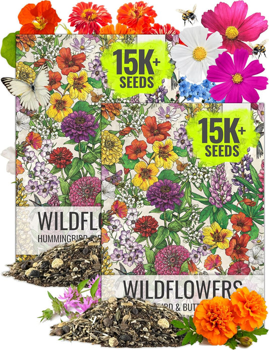 Seed Needs Wildflower Seeds Hummingbird and Butterfly Seed Mix | 2 Packs (1 Ounce Each) No Filler 23 Varieties Garden Seeds Annual & Perennial Species | Pollinator Attracting Flower Seed | Bulk