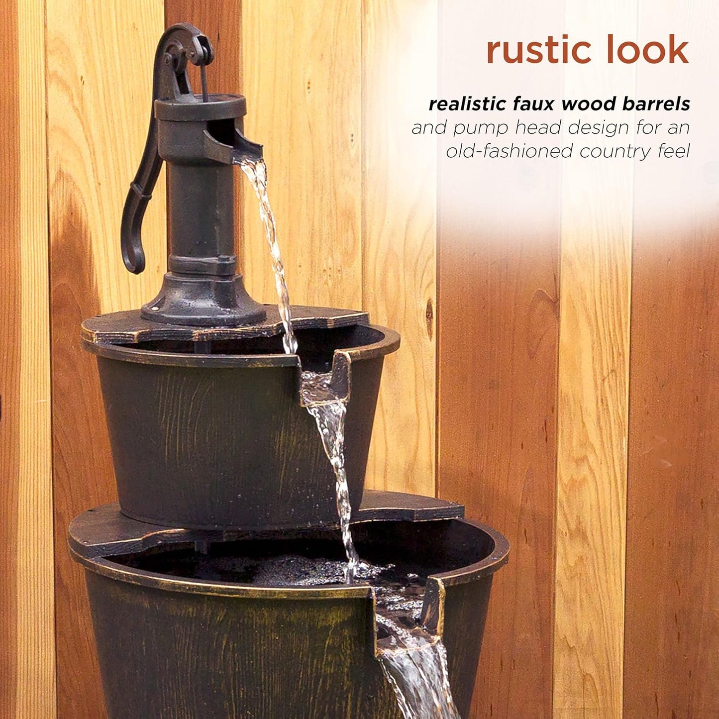 Alpine Corporation TEC234BR Outdoor Floor Tiered Rustic Pump and Barrel Water Fountain, Old-Fashioned Waterfall, 40", Brown