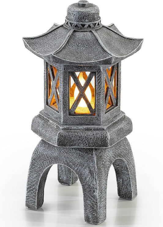 VP Home Solar-Powered Pagoda Garden Statues - Japanese Zen Lantern Outdoor Decor with Flickering LED Light - Durable Polyresin for Yard, Patio, or Garden - 12 x 7 x 6 Inches (Zen Garden Pagoda)