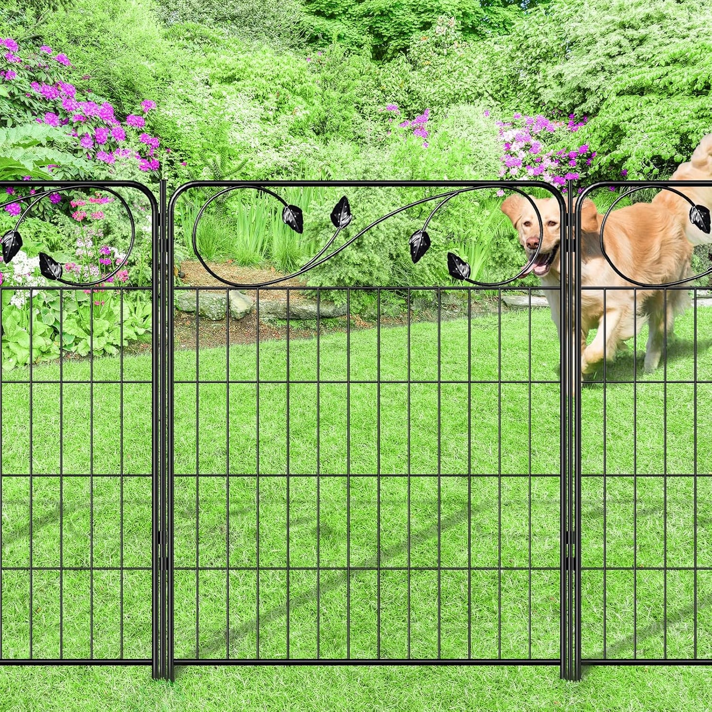 Decorative Outdoor Garden Fence 30in(H) X12ft(L) 6 Panels+7 Stakes Leaf Black Metal Garden Fencing for Landscape Lawn Patio, Temporary Animal Barrier Fences for Dogs