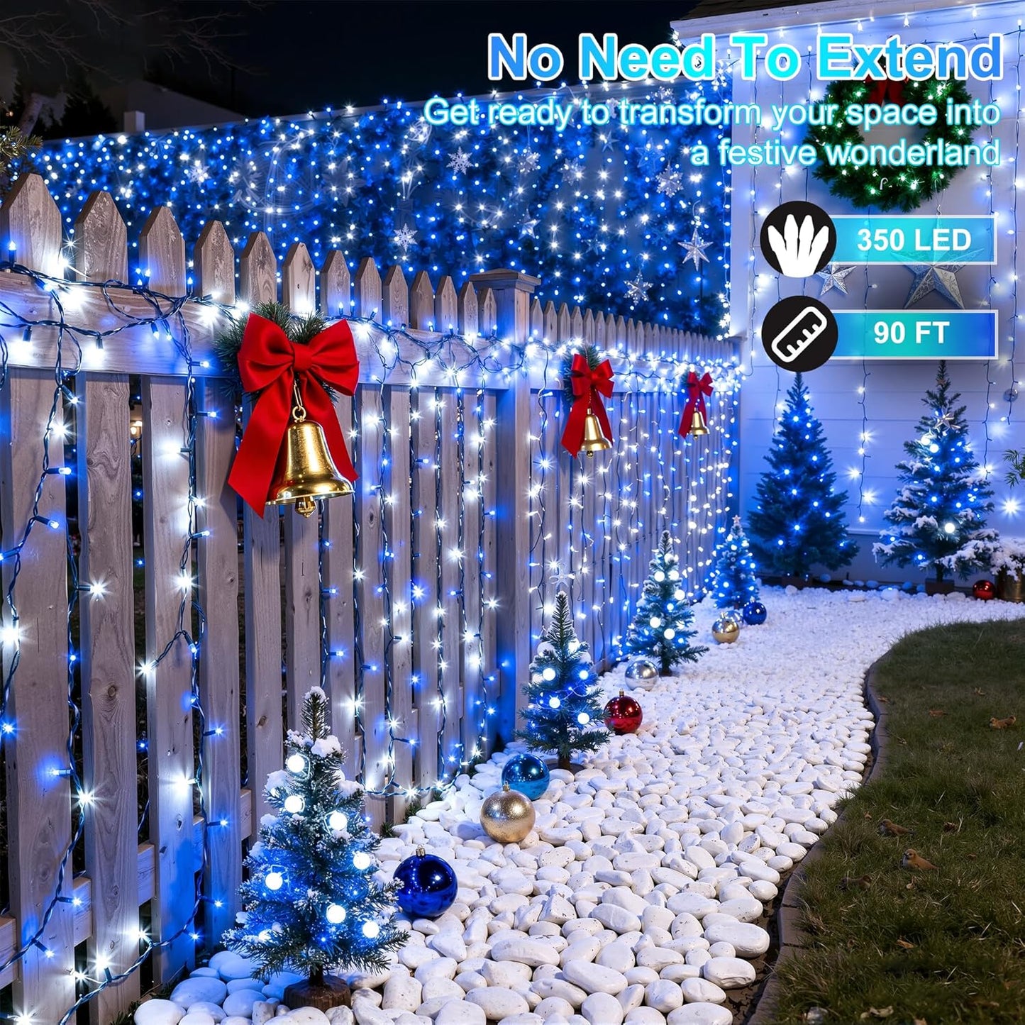 350LED Christmas Lights Indoor Outdoor, 90ft 12 Modes Blue and Cool White LED String Lights with Timer Dimmable, Waterproof Tree Lights for Xmas Patio Yard Fence Wedding Bedroom Garden Decor