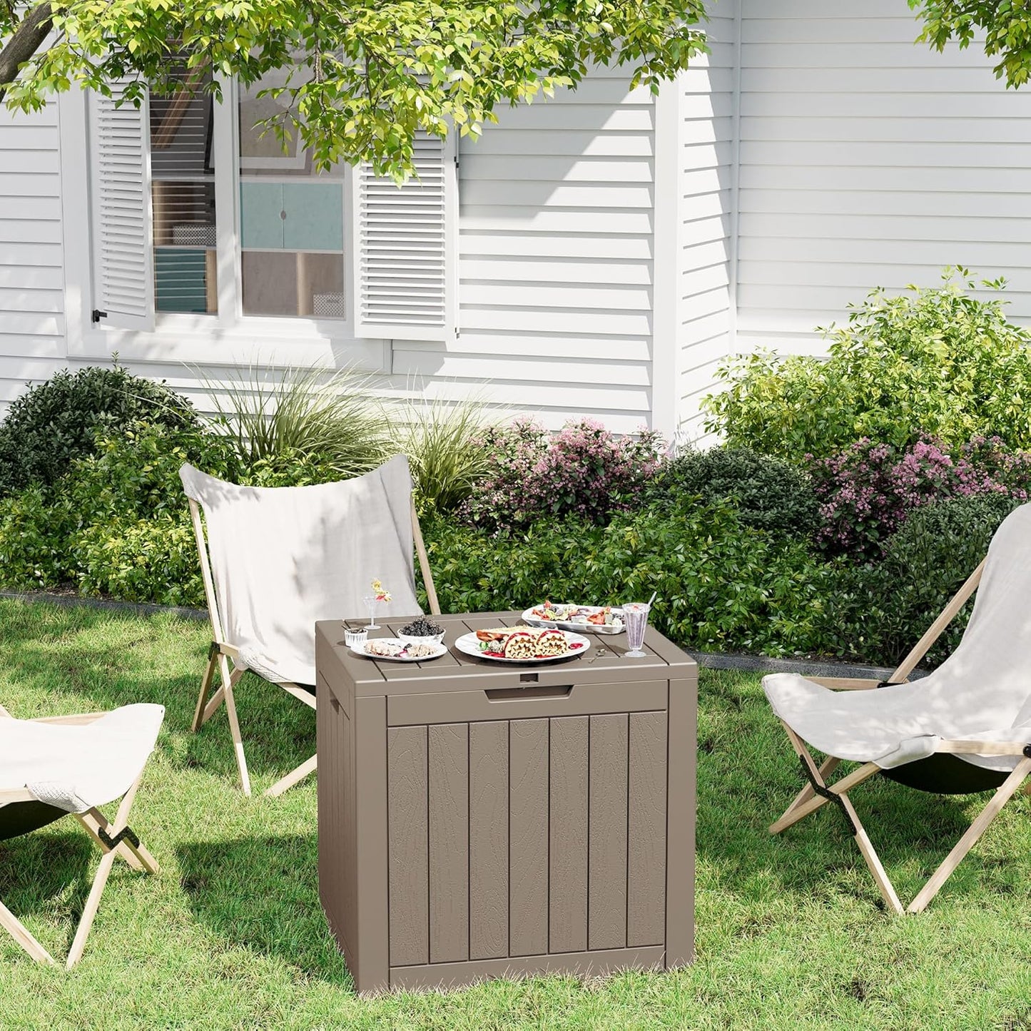 32 Gallon Deck Box Lockable Resin Indoor Outdoor Storage Box waterproof Outdoor Container for Patio Furniture, Pool Accessories, Cushions, Garden Tools, Sports Equipment