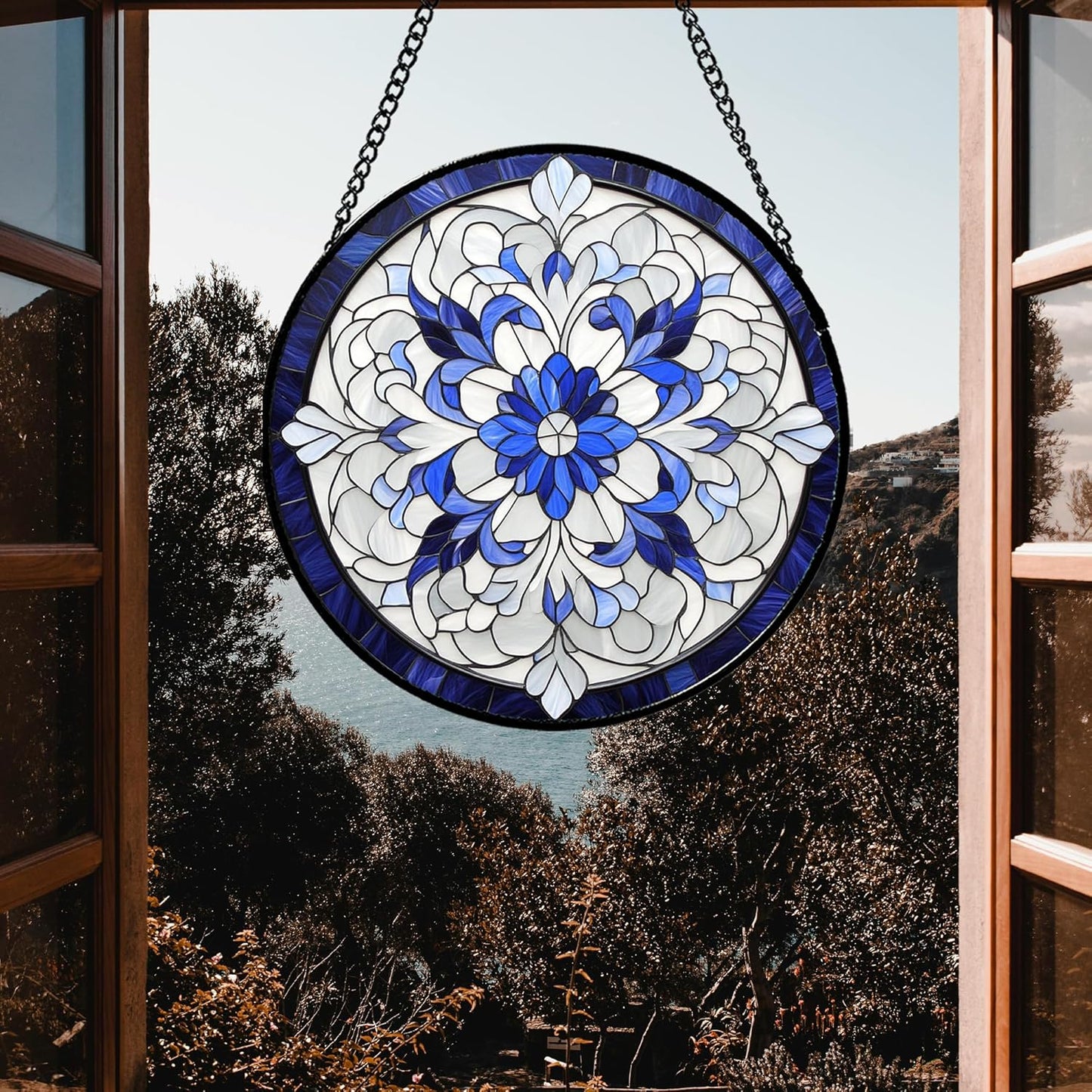 Stained Glass Window Hanging - Blue White Boho Flower Suncatcher for Door Garden Yard Sun Catchers Decor Christmas Mother's Day Birthday Gifts for Women Mom Nana Friend Teacher 11.8 in