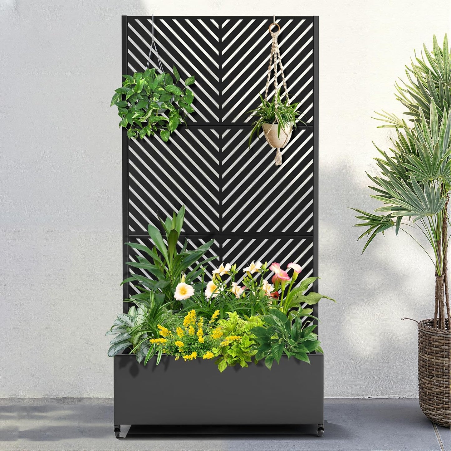 FENCY Metal Raised Garden Bed with Wheels and Trellis,73"x35"x16" Planter Box for Climbing Plants, Vegetables & Vines, Features Privacy Screen and Drainage Holes (Black-Arrow)