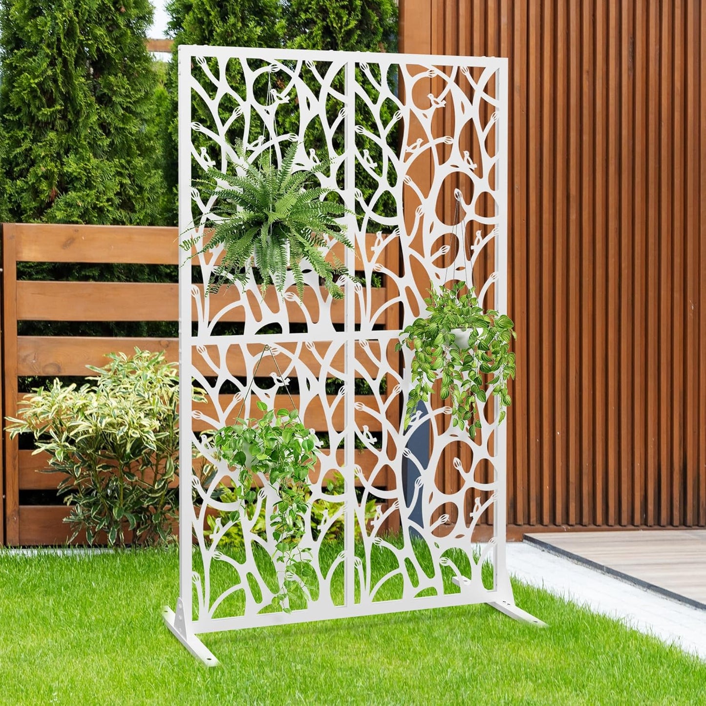 Metal Privacy Screen W3.8Ft x H 6Ft Outdoor Patio Privacy Panels Free Standing Divider Decorative for Balcony Garden Room Lawn Deck (1, White Bird)