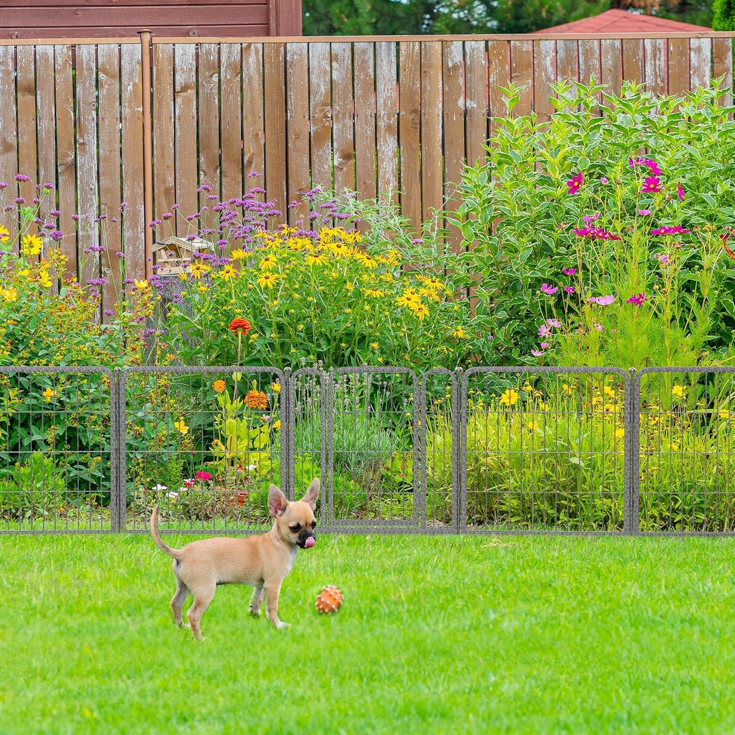 FXW Garden Fence Outdoor for The Yard – 24in(H) x 60.9ft(L) Heavy Duty Metal Animal Barrier for Dog and Rabbit, Decorative Dog Fence, 32 Panels, Silver