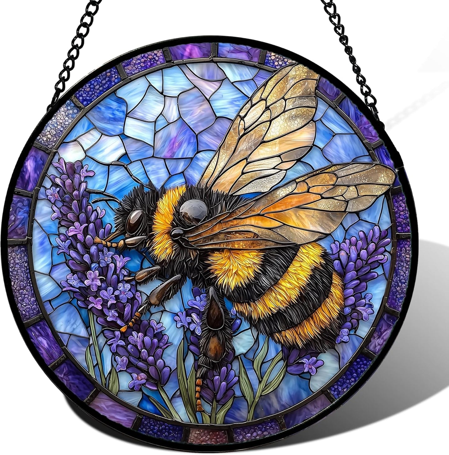 Stained Glass Window Hanging, Bee Lavender Sun Catchers Diamond Glass Panel Hangings Insect Suncatcher Decor for Birthday for Women, Men, Wife, Aunt, and Mom 14.9x14.9 in