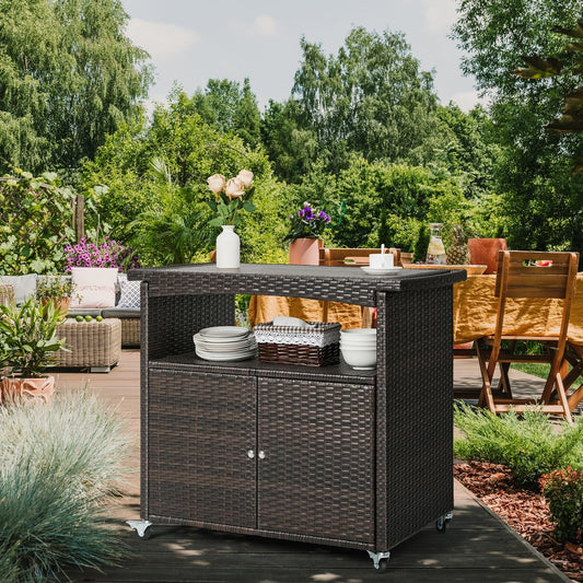 Outdoor Storage Cabinet,Outdoor Cabinet for Patio Bar Cart with Rolling Wheels Patio Bar Table with Storage Wicker Buffet Cabinets prep Table Kitchen Serving Cart with Door,Shelves,Handle Brown