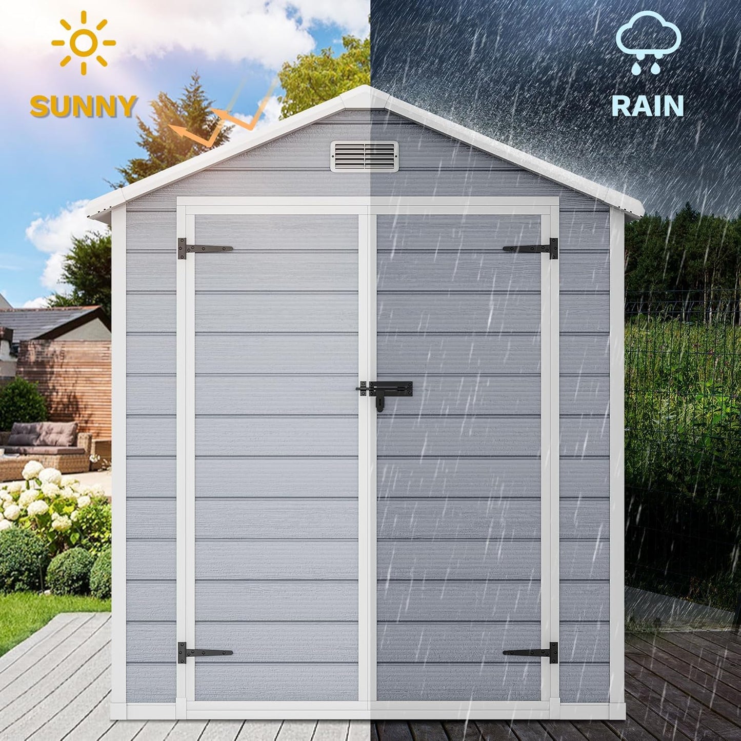 DWVO 6x4 FT Outdoor Resin Storage Shed with Reinforced Floor, All-Weather Bike Storage Shed with Lockable Door, Window and Vent, Waterproof Plastic Tool Storage for Garden, Backyard, Patio, Lawn