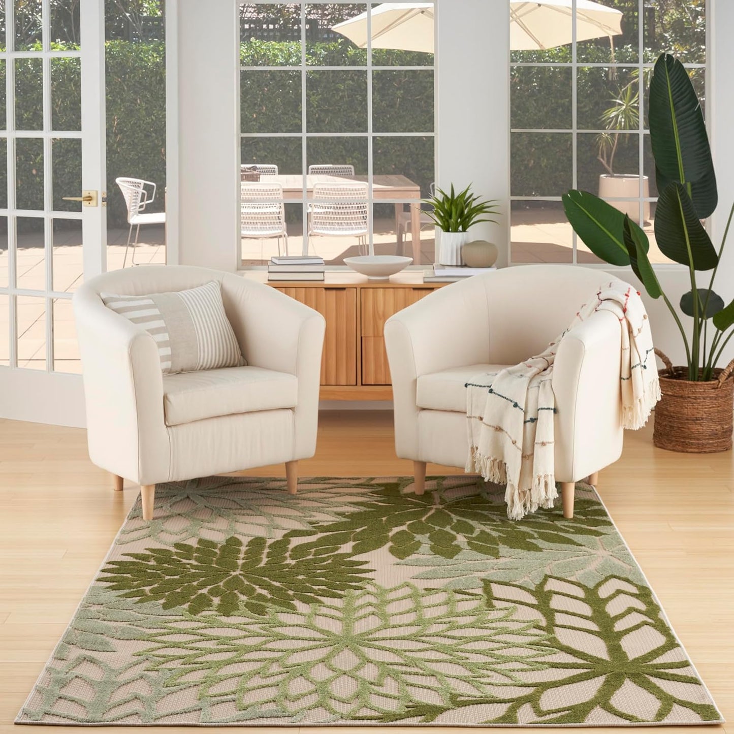 Nourison Home Aloha Tropical Indoor/Outdoor Ivory Green 6' x 9' Area Rug, Easy Cleaning, Non Shedding, Bed Room, Living Room, Dining Room, Backyard, Deck, Patio (6x9)