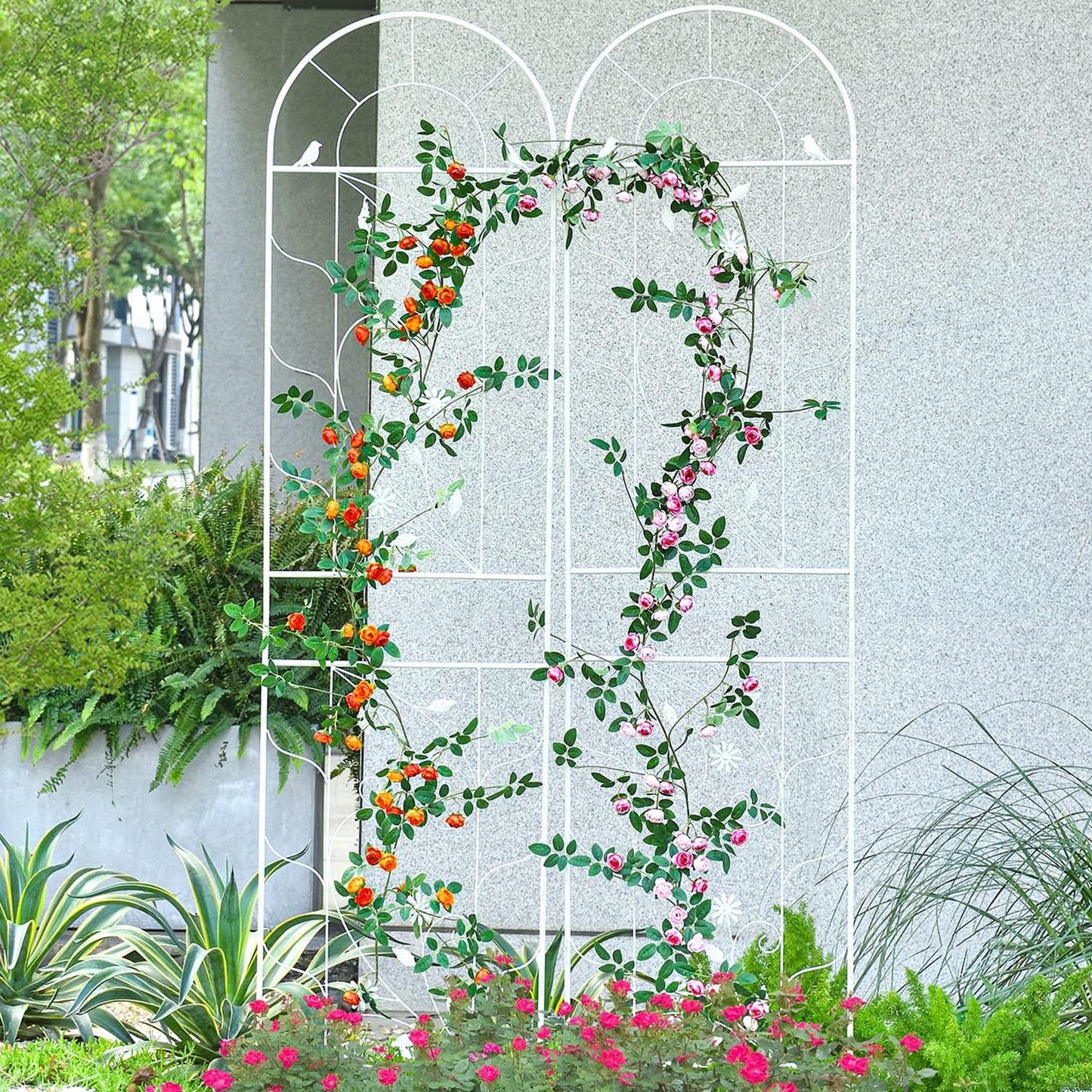 Sungmor Metal Trellises for Climbing Plants, Overall 20 Inch Width & 82.5 Inch Tall, 2PC White Pack, Decorative Retro Style Trellis Fence Panels, Garden Plant Support, Flower Rose Climbing Rack