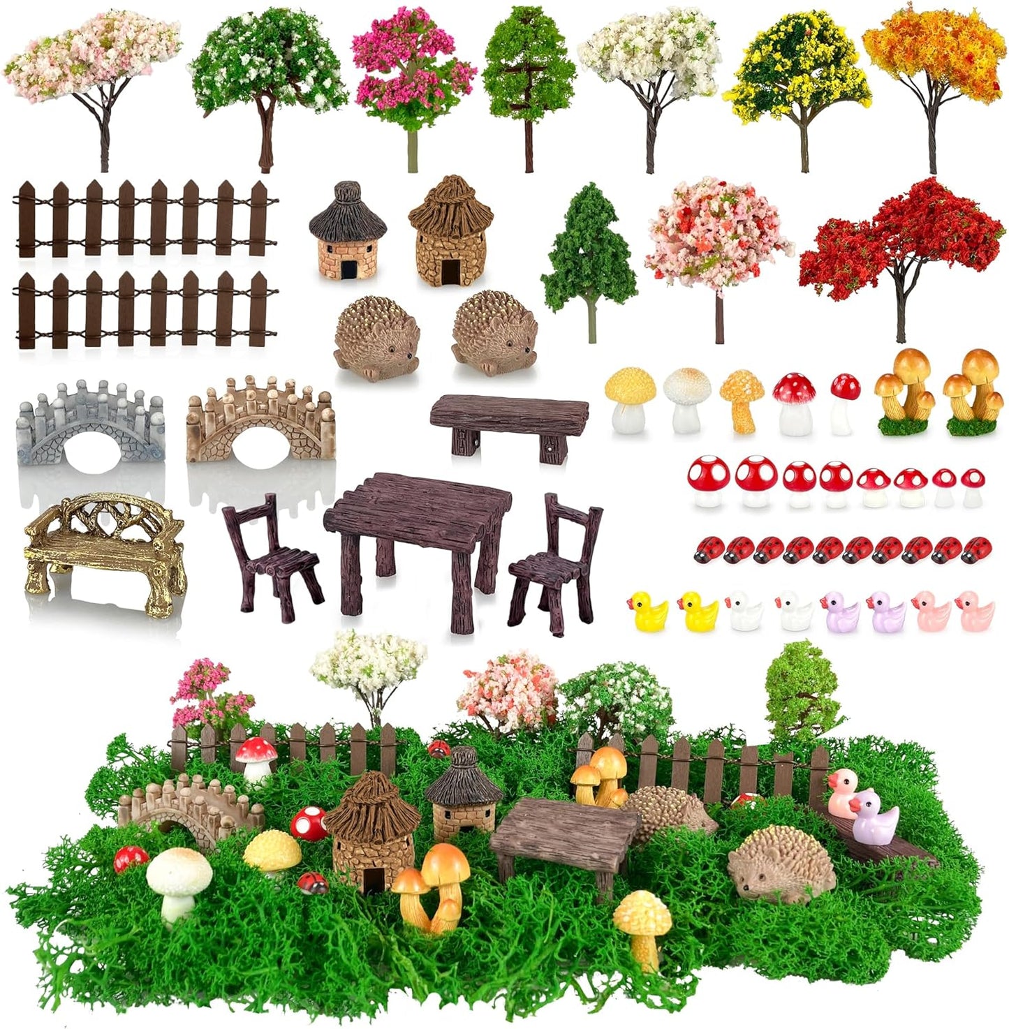 56 Pcs Fairy Garden Accessories, Mini Resin Animals Figures, Miniature Table and Chairs, Moss Bonsai Micro Landscape Ornaments Kit, Miniature Garden Kit, Terrarium Ornaments DIY Craft
