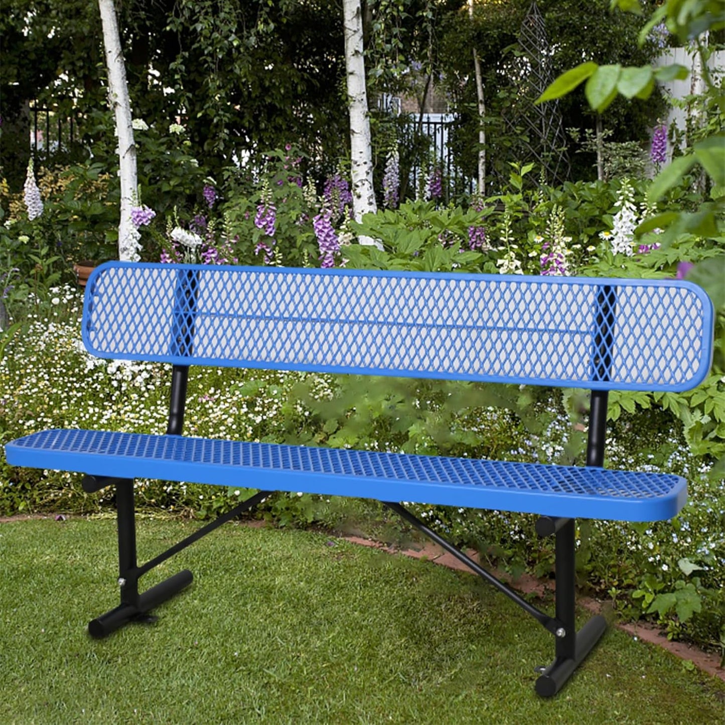 8 Feet Heavy Duty Metal Park Bench for Outside, Outdoor Steel Bench with Backrest & Portable Frame, Commercial Benches for Shopping Malls/Stores/Parks/Patios/Decks/School,Blue