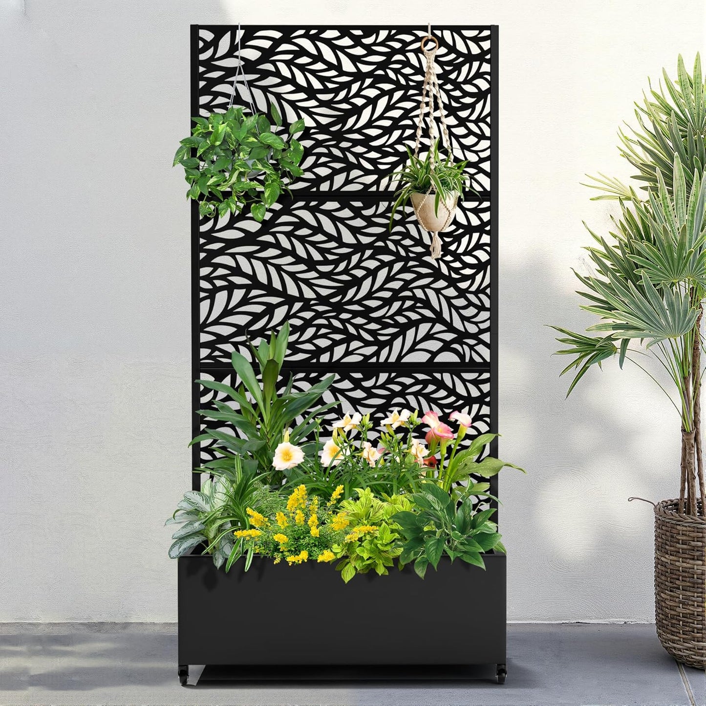 FENCY Metal Raised Garden Bed with Wheels and Trellis,73"x35"x16" Planter Box for Climbing Plants, Vegetables & Vines, Features Privacy Screen and Drainage Holes (Black-Leaf)