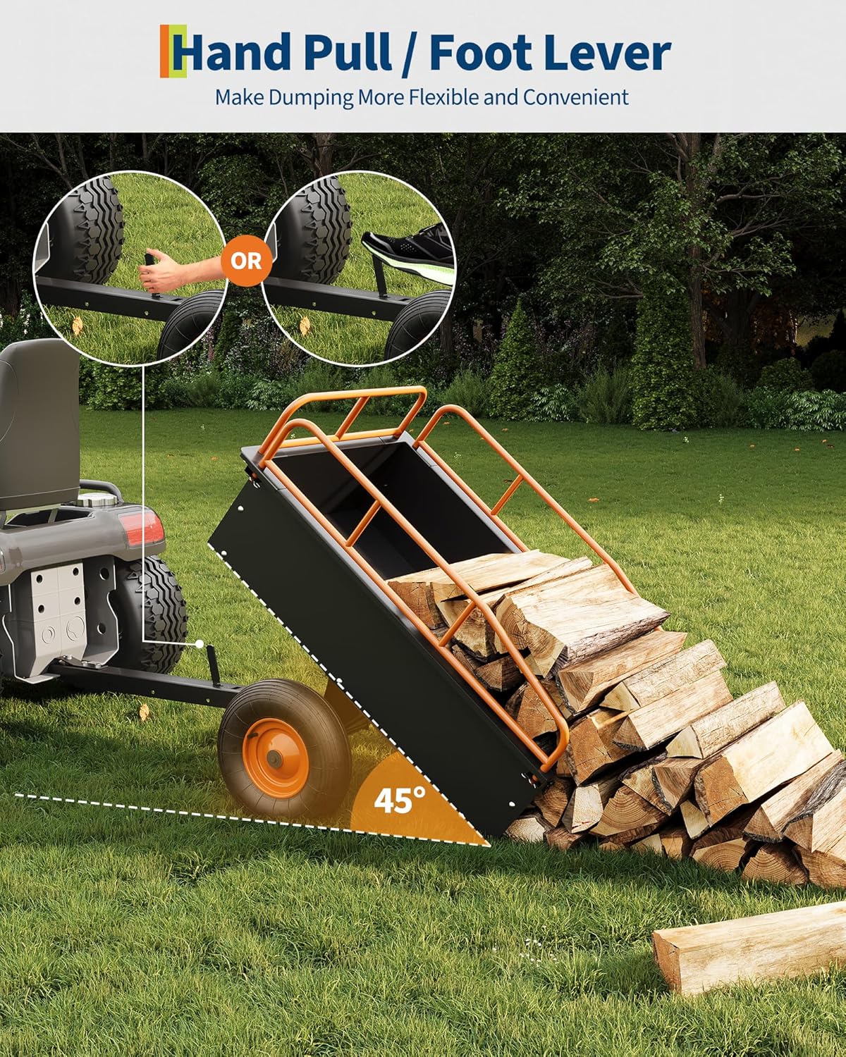 Heavy Duty ATV Trailer Steel Dump Cart, 750 LBS 15 Cubic Feet, Garden Utility with Removable Sides for Riding Lawn Mower Tractor