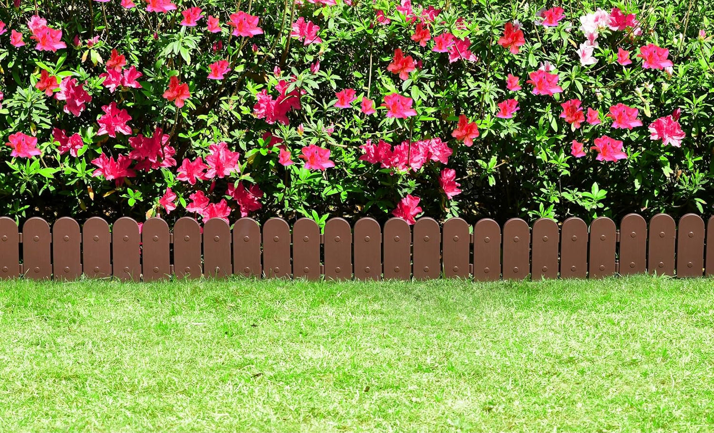 Evelyne Garden Border Plastic Edging: Wooden Fence Design - 16pcs Brown Yard Landscaping Fence Liner Lawn Edge Barrier - 20ft Kit of Decorative Lawn Panels Elements -Landscaping Edging-GMT-10374-A16