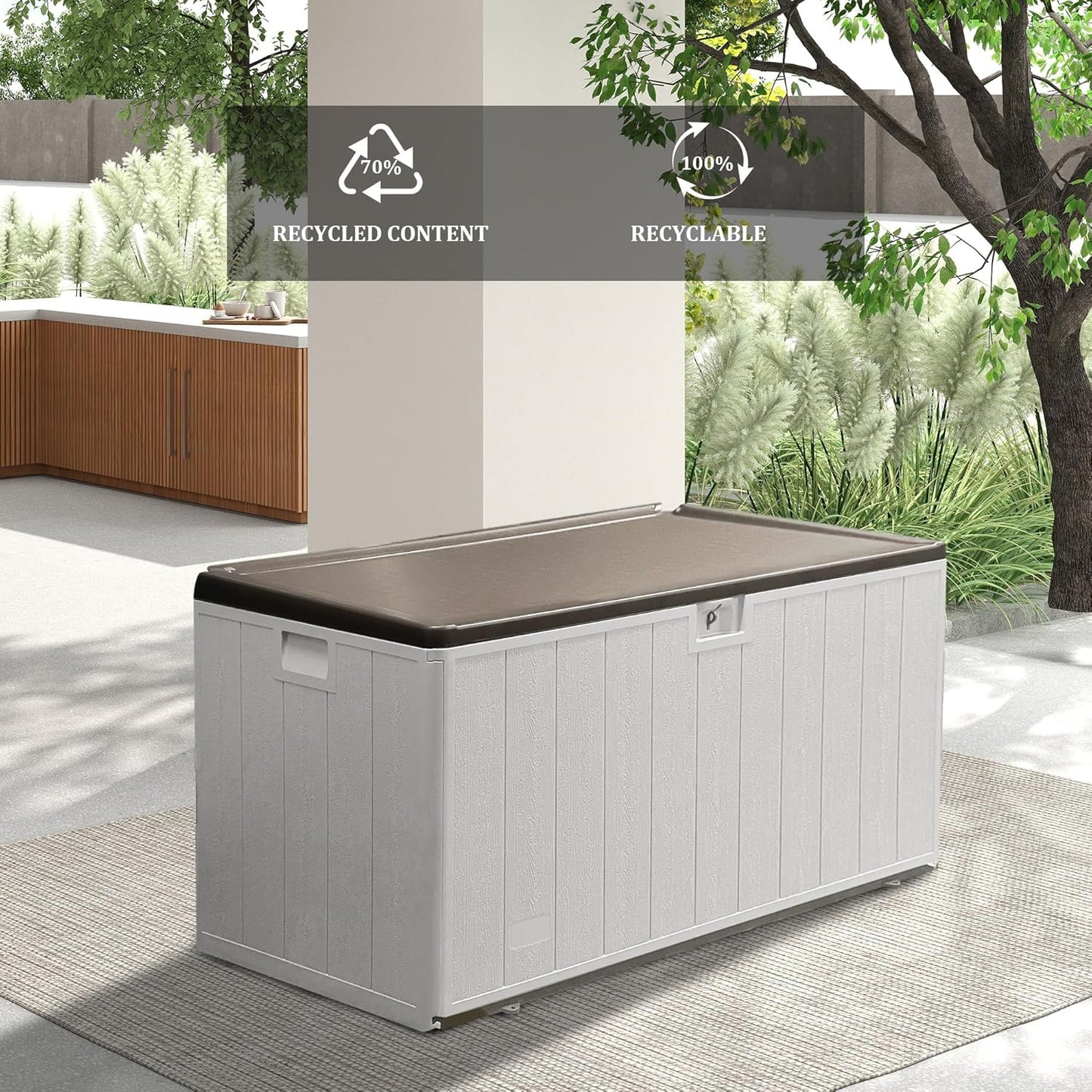 110 Gallon Pro Outdoor Storage Box, Waterproof Resin Deck Box for Patio, Pool, and Garden, Lockable Bin for Cushions, Tools, and Accessories, UV-Resistant, Grayish Brown