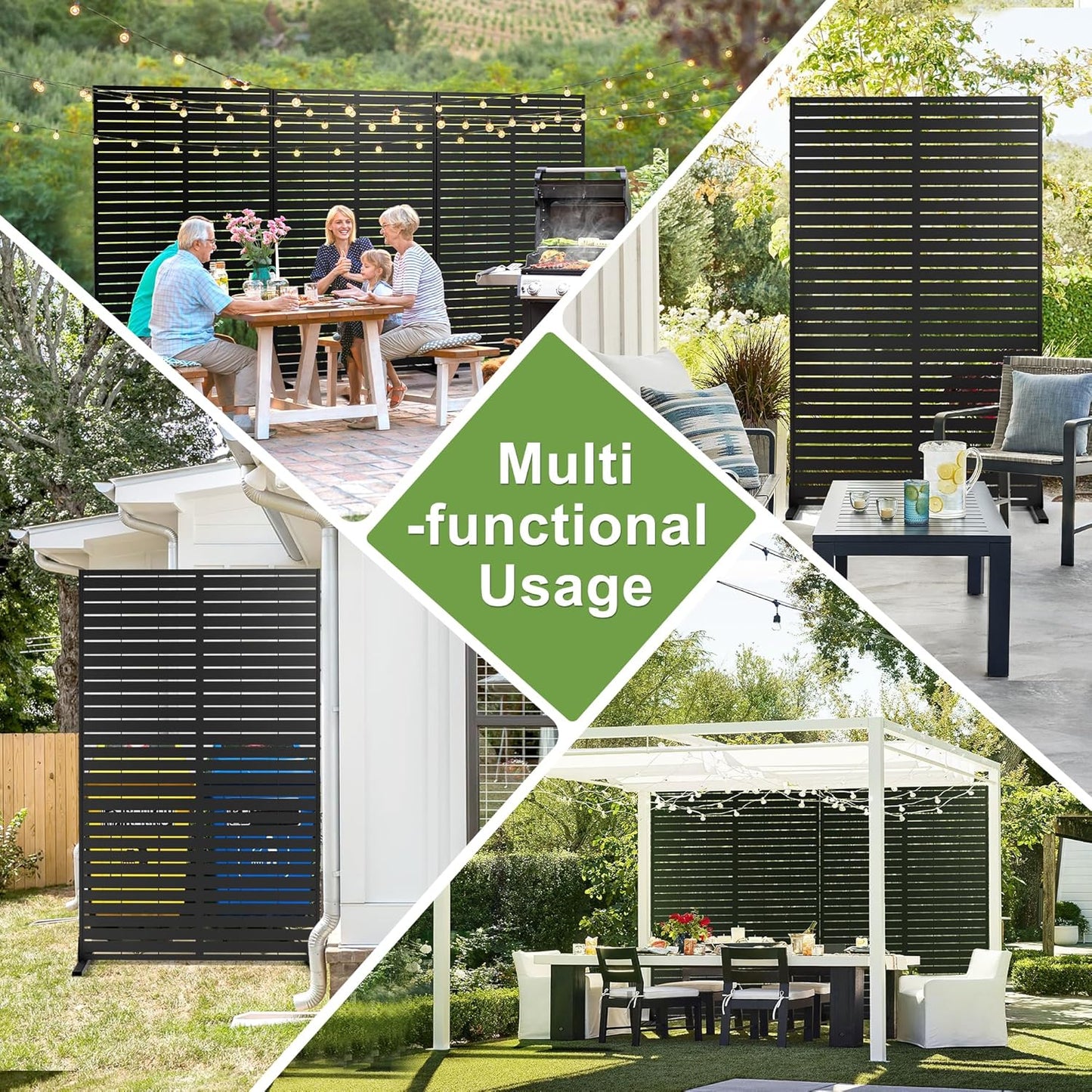 Metal Privacy Screen Outdoor 72" H×44" W,Freestanding Decorative Privacy Screen for Balcony Yard&Garden,Privacy Fence Black&Louvered(5 Panels)