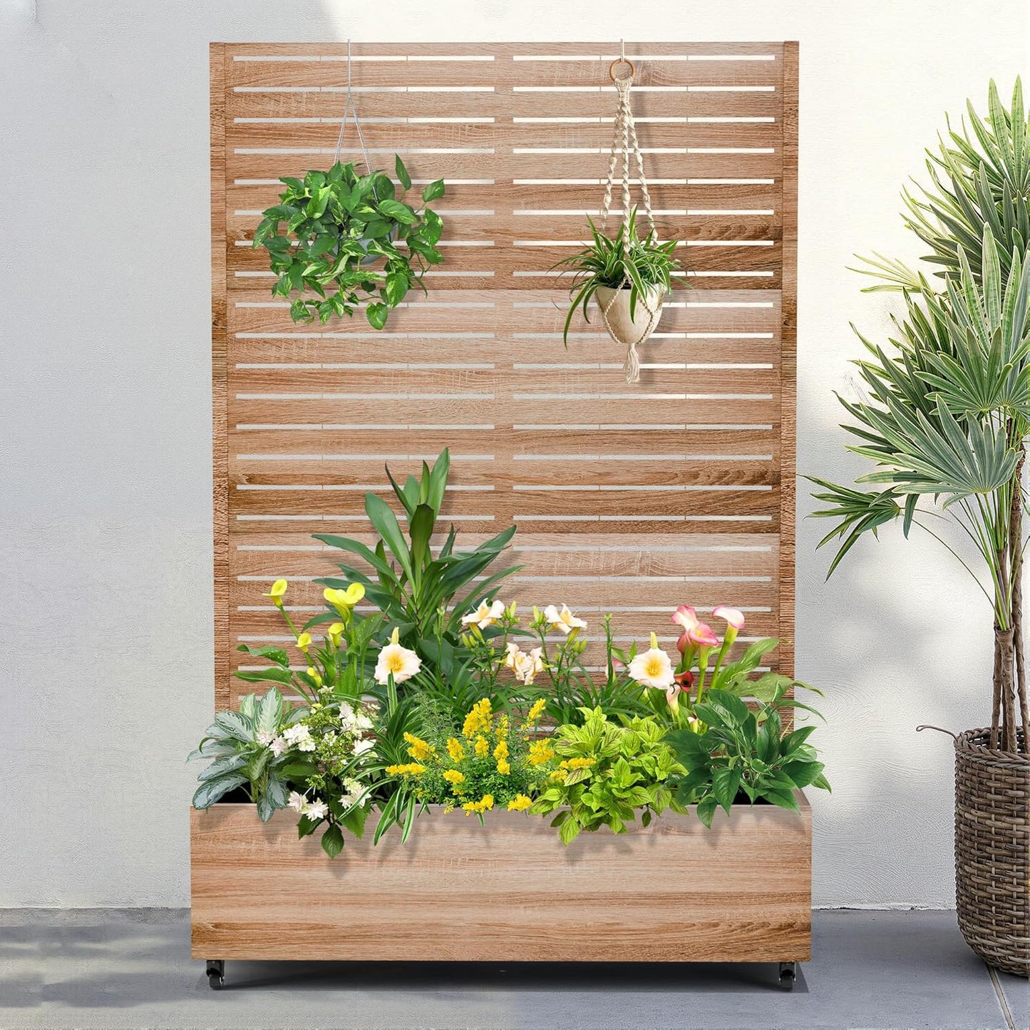 FENCY Metal Raised Garden Bed with Wheels and Trellis,73"x47"x16" Planter Box for Climbing Plants, Vegetables & Vines, Features Privacy Screen and Drainage Holes (Natural Wood Color)