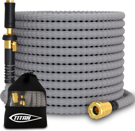 TITAN Flexible Garden Hose 7FT – Ultra Lightweight, Heavy Duty Water Hose with Brass Fittings & Jet Nozzle – Kink-Free, Non-Expanding, Durable Fabric Hose for Yard, Lawn, Car Wash, Outdoor Use