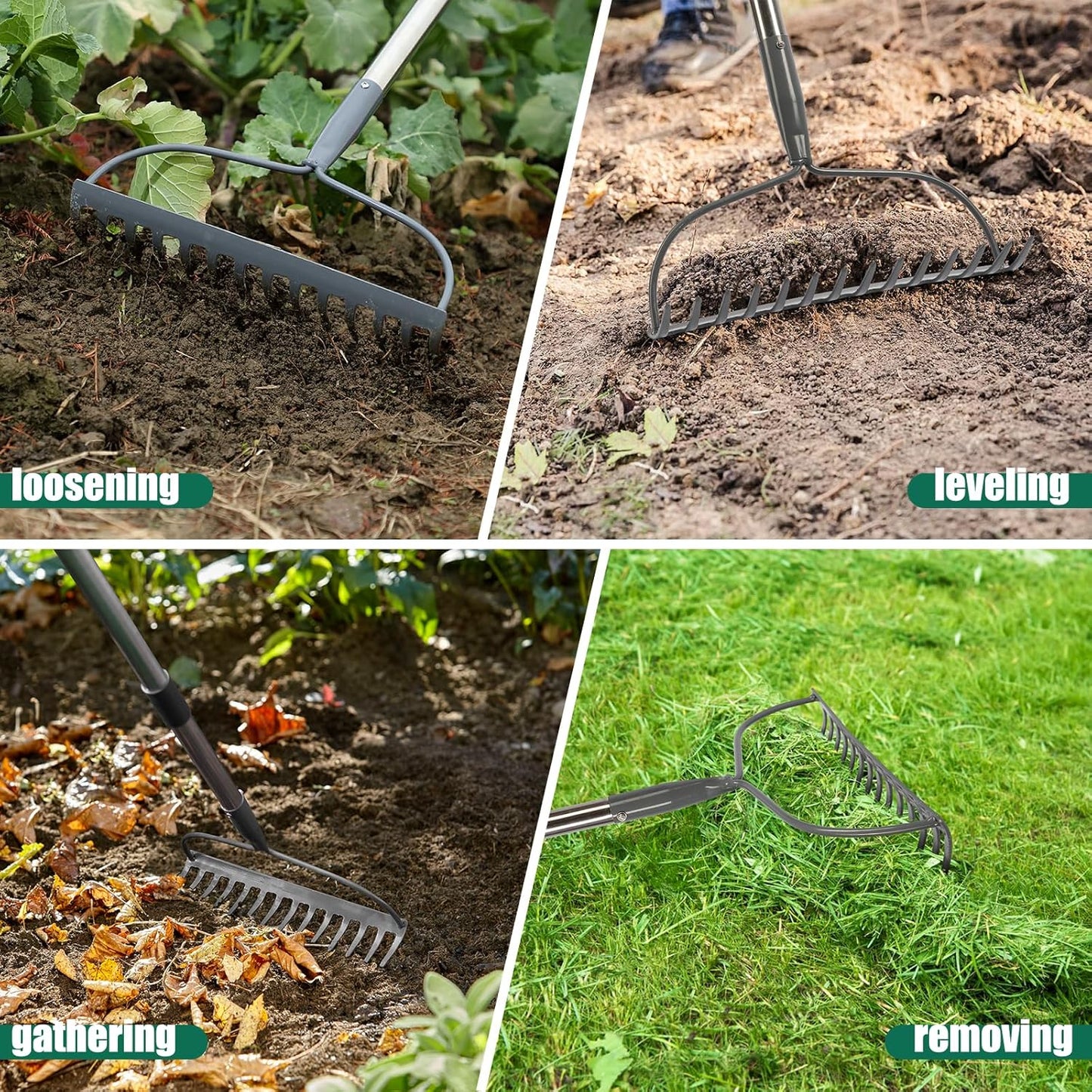 Rake for Leaves, Garden Bow Rake for Lawns Heavy Duty, 5 ft Back-Saving Long Handle, 14 Metal Tines, Yard Gardening Tools for Loosen Soil, Clear Gravel Grass Rock, Level Mulch