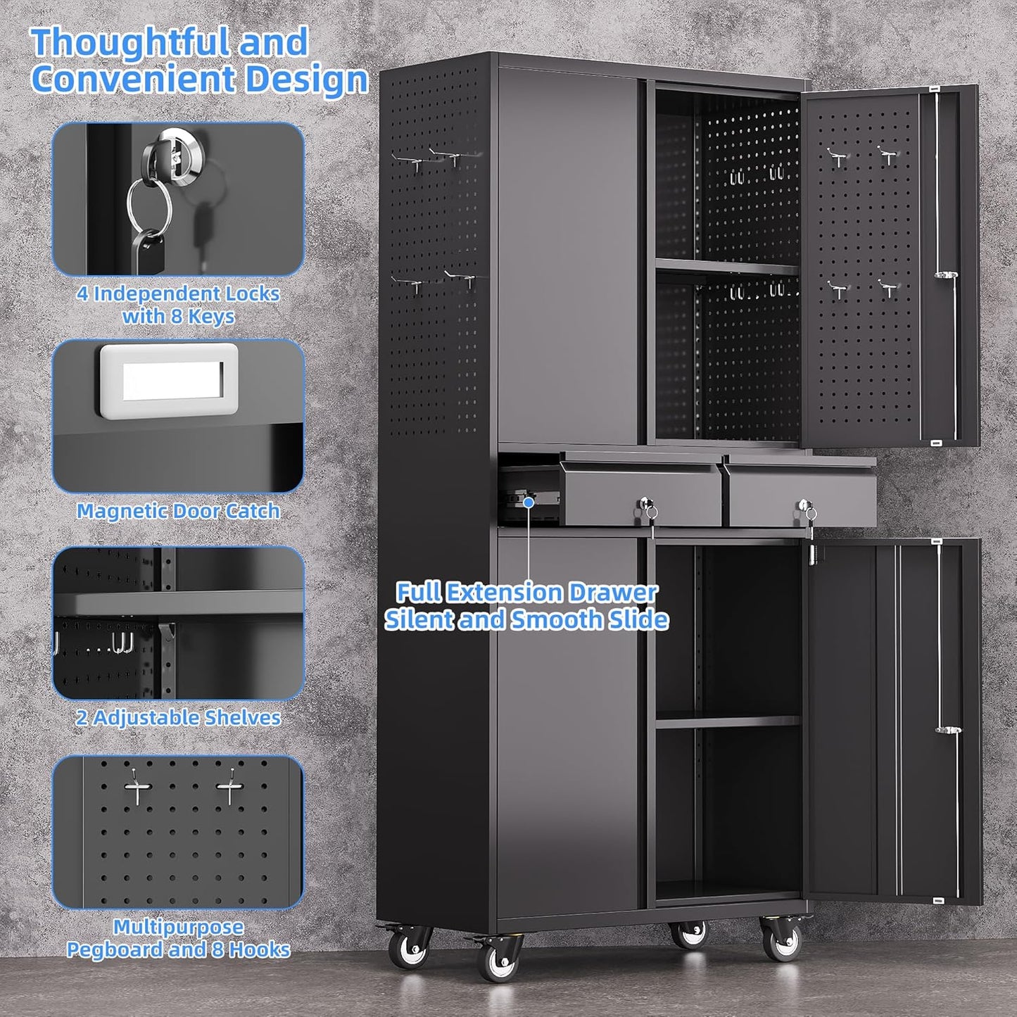Garage Storage Cabinet with Wheels, Metal Storage Cabinet with 2 Drawers and 2 Adjustable Shelves, Metal Lockers with Pegboards for Homes, Offices, Kitchens, Schools and Pantries