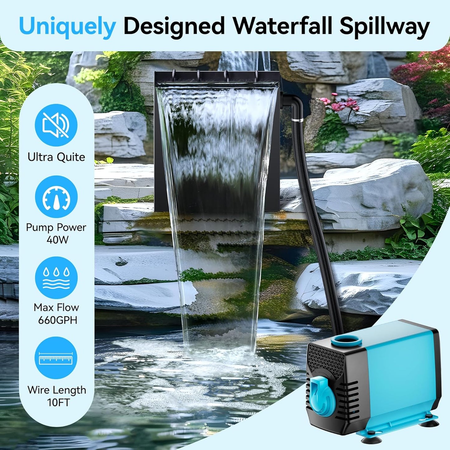 POPOSOAP Pond Waterfall Spillway with Pump Kit, 13.4" H x 12" W Stainless Steel Pond Waterfall Box with Pond Pump, Filtration, 10FT Corrugated Tubing for Outdoor Garden Pond Spillway