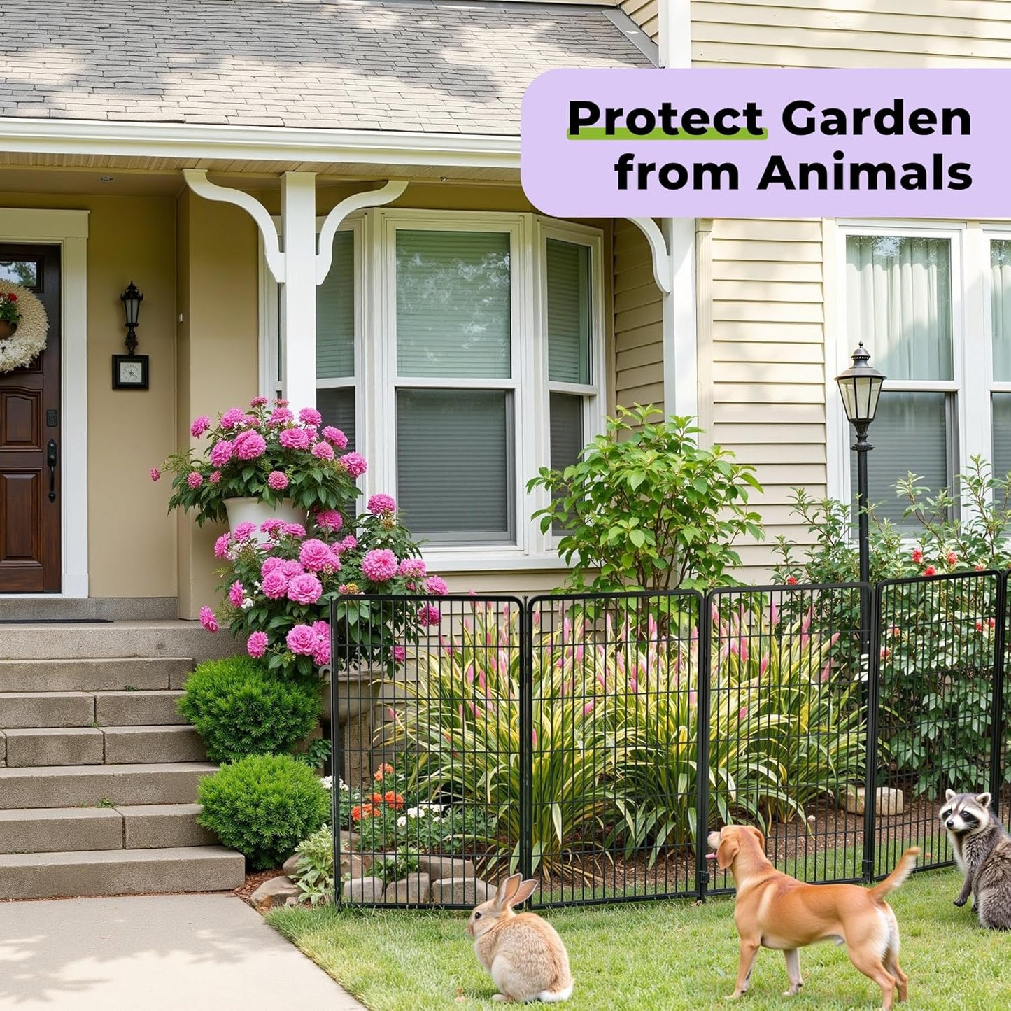 Doorless Garden Fence 45 in(H) x 4.5 ft(L) 2 Panels, Heavy Duty Metal Animal Barrier Fence, No Dig Fence for Dogs, Rabbit Fence for Garden, Black