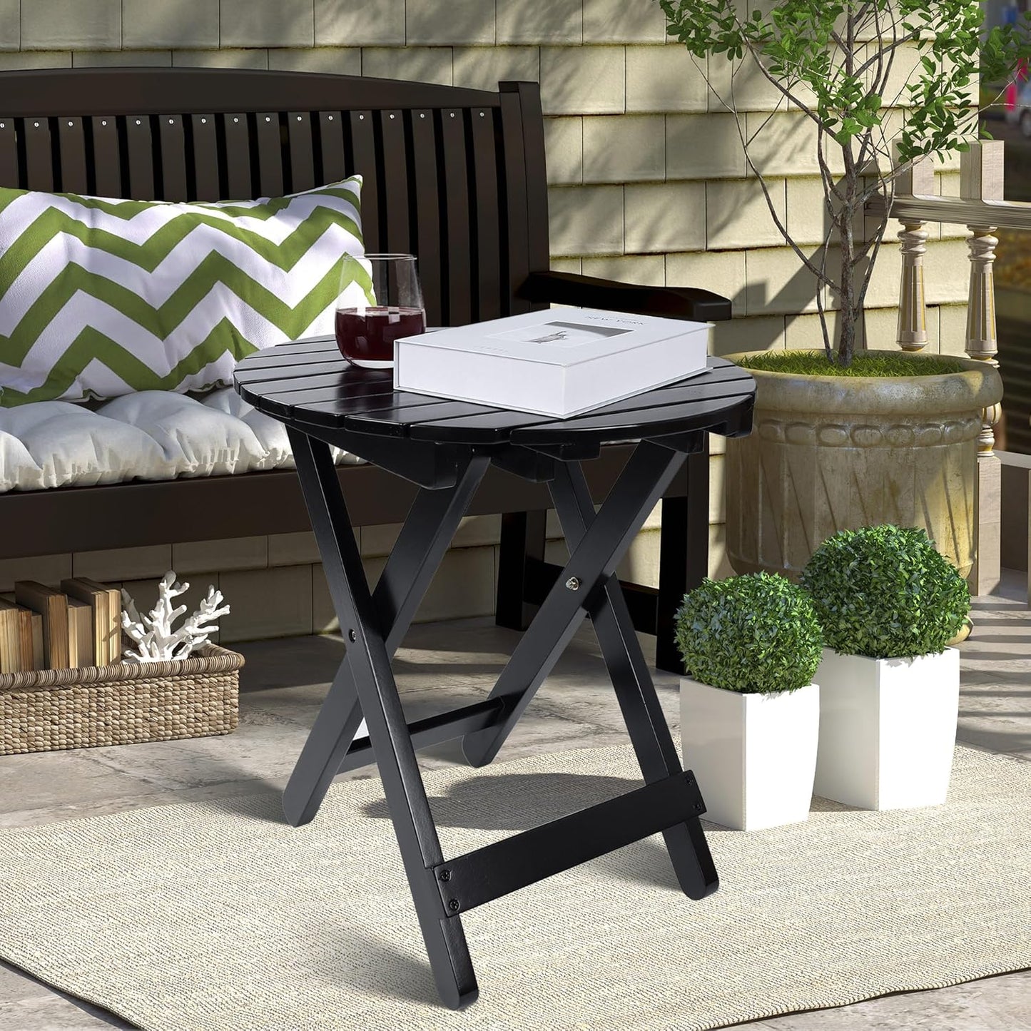 Outdoor Patio Side Table Set of 2 Small Folding Wood Round End Table Coffee Furniture for Living Room, Bedroom, Plant Stand, Camping Portable Black