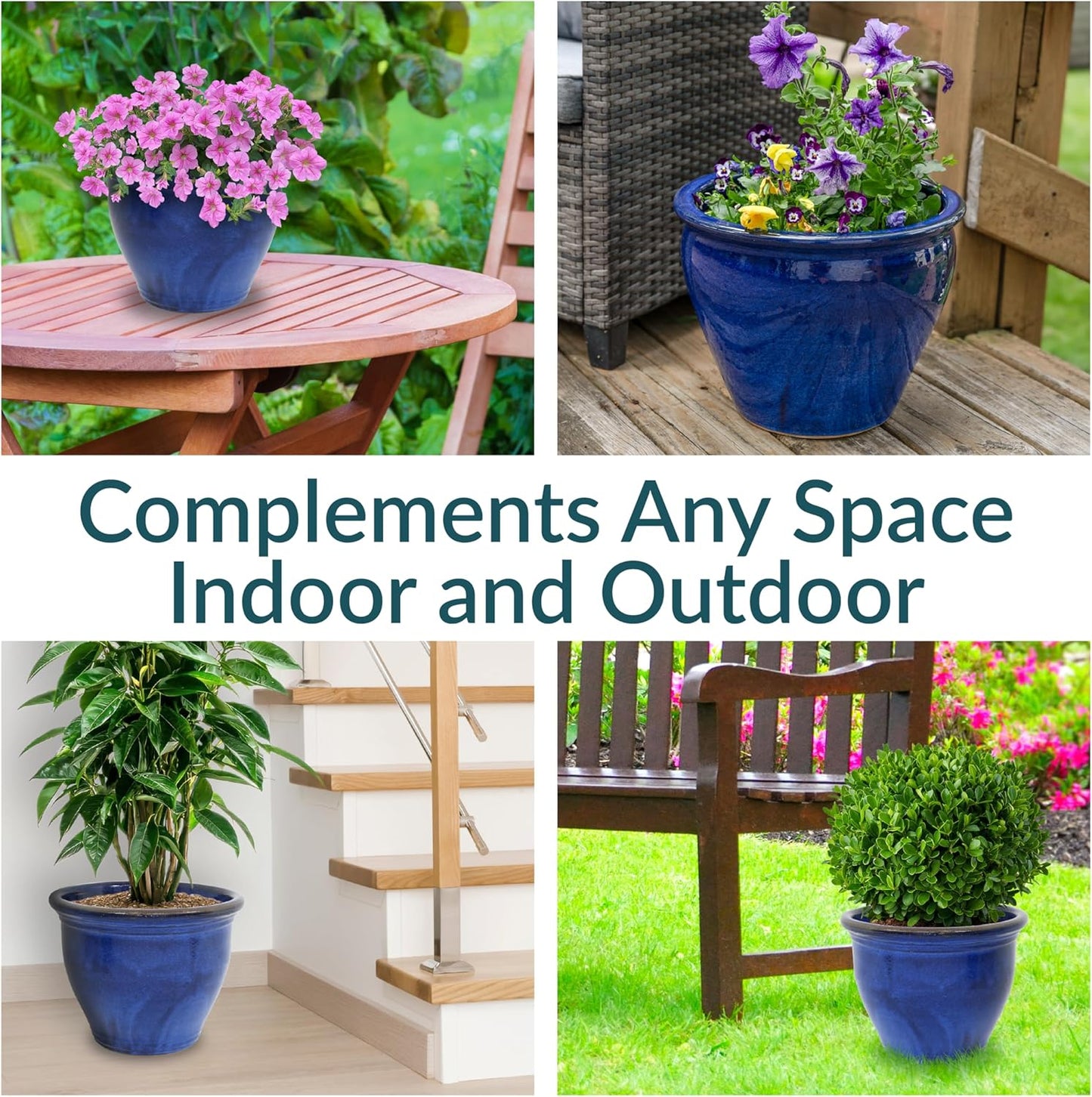 Sunnydaze 18.5" Large Ceramic Plant Pot - Round Outdoor Glazed Ceramic Planter Pot with Drainage - Imperial Blue - Studio