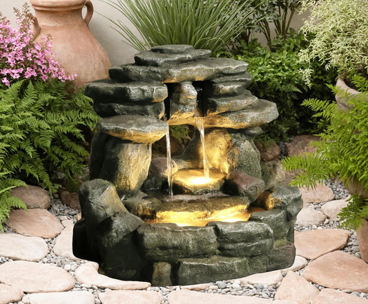 15.6''H Small Rock Water Fountain Outdoor&Indoor, 3-Tier Garden Waterfall with Warm Lights and 2 Flows for Patio, Backyard, Deck, Porch, Home DéCor, Stone Gray
