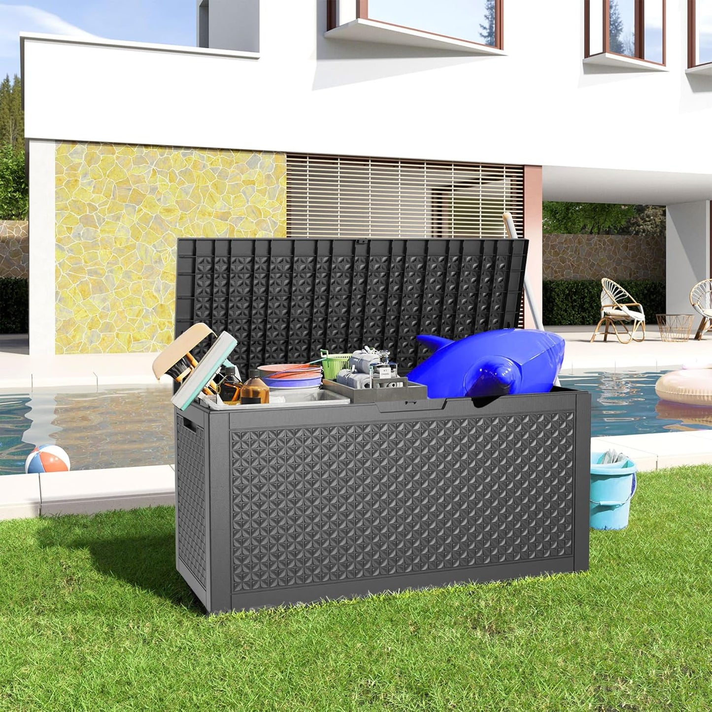 100 Gallon Resin Deck Box, Lockable Patio Outdoor Storage Box for Furniture, Garden Tools and Tools Storage, Waterproof Outside Storage Boxes - Patterned black