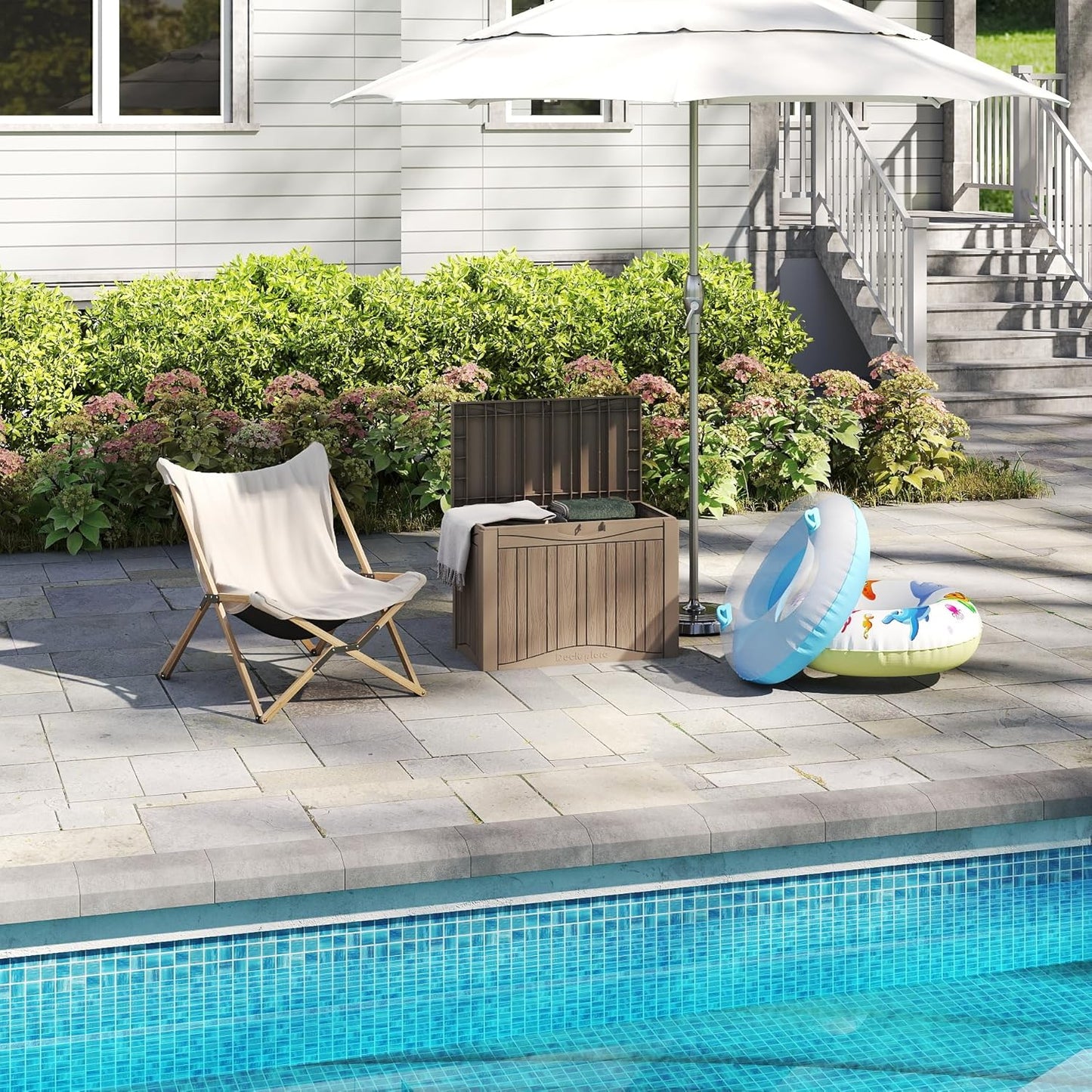 50 Gallon Plus Waterproof Outdoor Storage Bin Resin Deck Box for Patio, Poolside, and Garden, Lockable & UV-Resistant, Ideal for Small Spaces, Grey