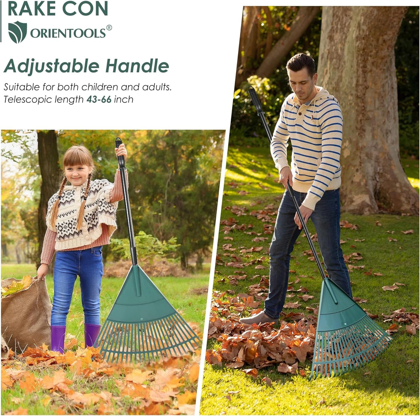 ORIENTOOLS Garden Leaf Rake, Garden Rakes for Lawns Leaves with 47-65" Adjustable Black Handle Rake, 26 Strong Tines Plastic Head Shrub Rake, Yard Garden Rake for Lawns, Flower Beds Leaves Cleaning