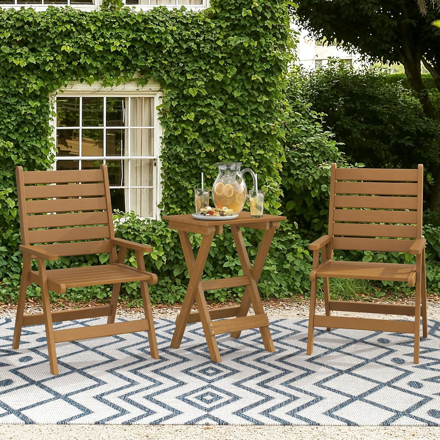 LUE BONA 27 inch Folding Side Table, HDPS Outside End Table for Patio, Porch, Deck, Pool, Weather Resistant, Teak Color Oil Printed