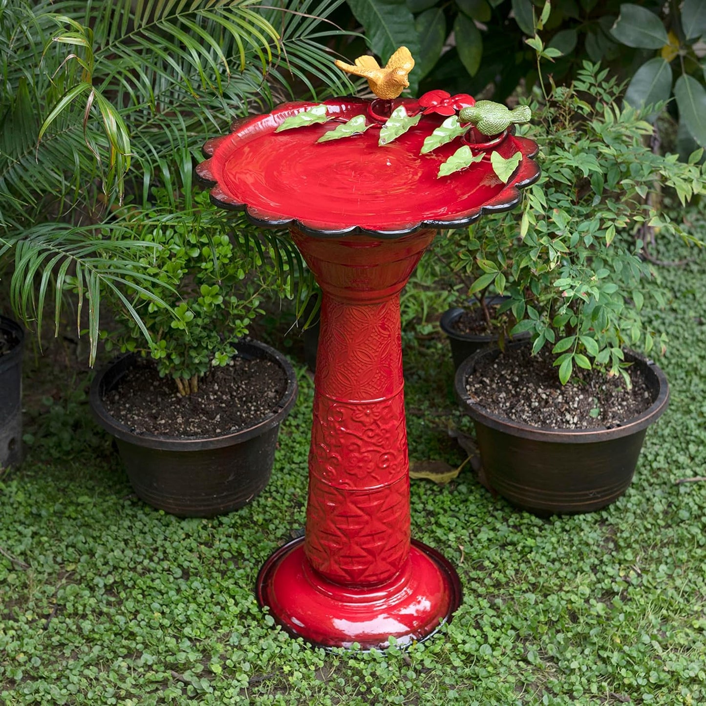 Alpine Corporation - 28" Tall Outdoor Metal Birdbath with Birds and Leaves Yard Statue Decoration, Red – Stunning Garden Accent to Attract Birds - Durable Construction for Patio, Deck, or Yard
