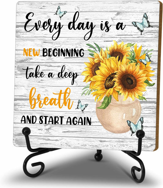 Motivational Gifts Wood Decor Sign, Inspirational Sunflower Wooden Rustic Farmhouse Decor with Stand for Home Desk Tabletop Shelf Decorations (A12)