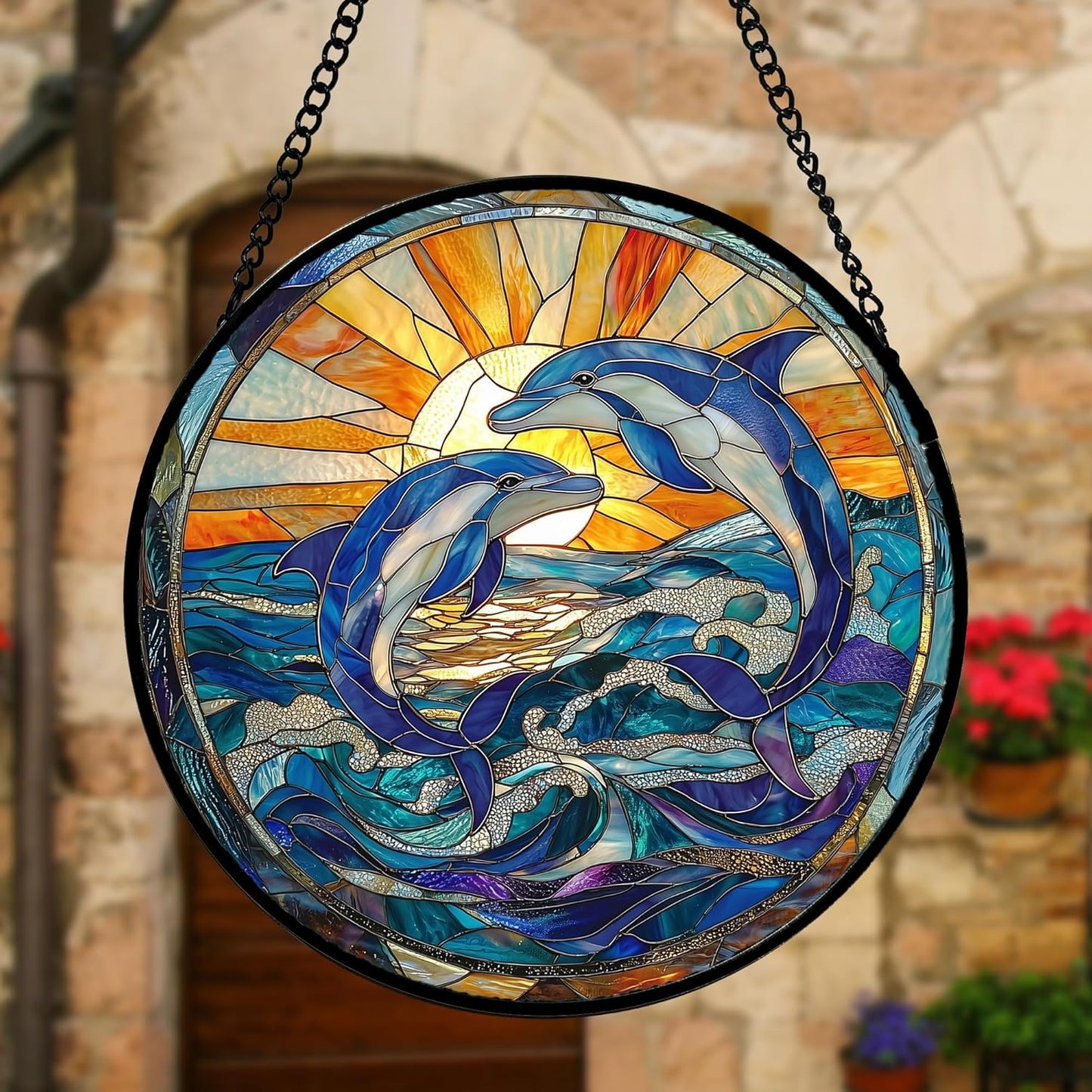 Stained Glass Window Hanging, Blue Dolphin Sun Catchers Colorful Glass Panel Sunrise Sea View Suncatcher Decor for Birthday for Women, Men, Wife, Aunt, and Mom 11.8x11.8 in