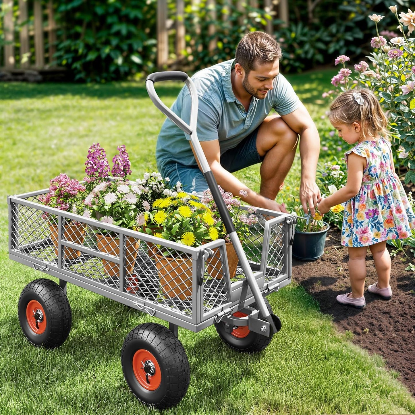 Heavy Duty 900 lbs Capacity Mesh Steel Garden Cart - 10" Pneumatic Tires, 180° Rotating Handle, Removable Sides, 4 CU'FT Utility Wagon for Yard & Garden
