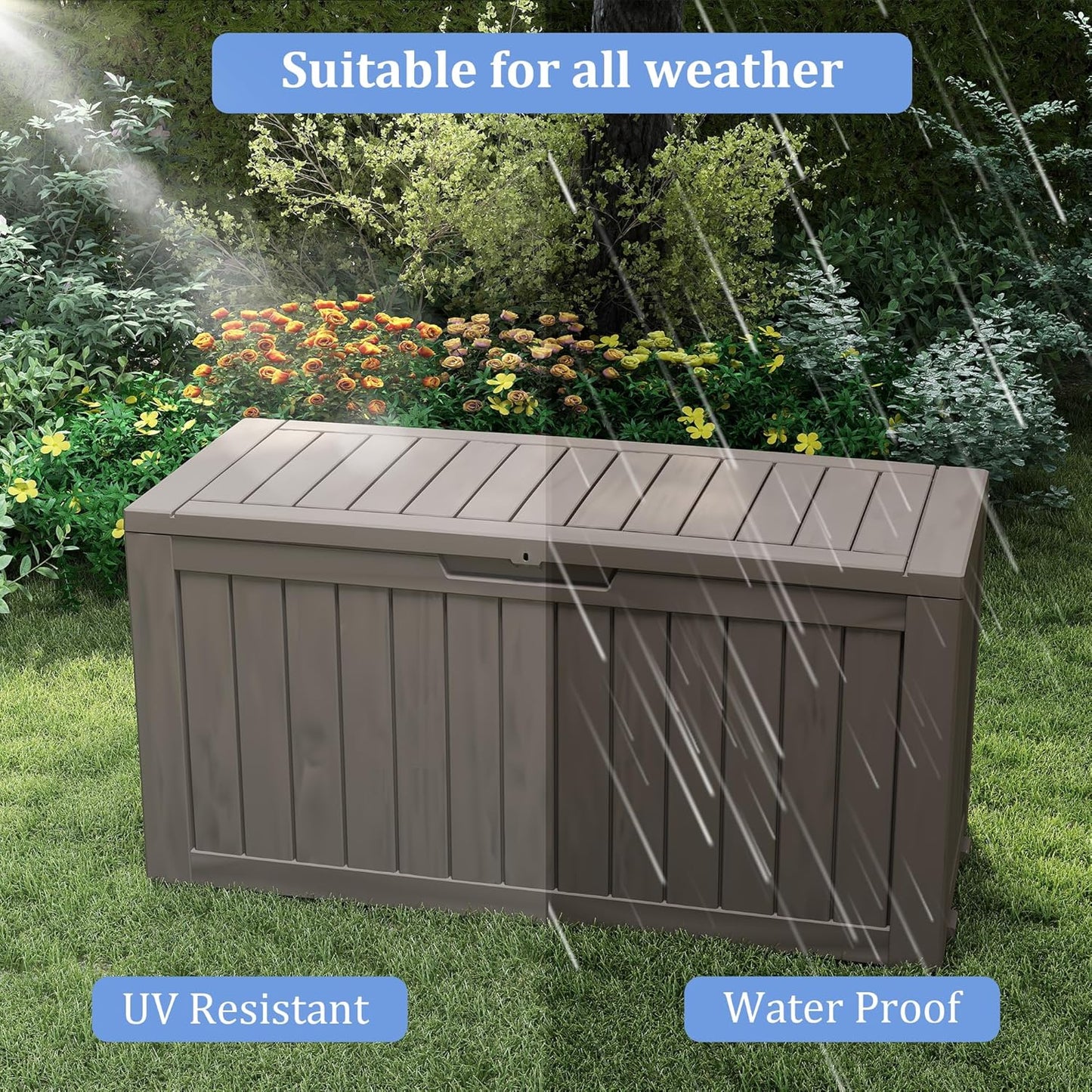 75 Gallon Deck Box, Resin Outdoor Indoor Waterproof Storage Box, Lockable Storage Box With Handle for Patio Furniture - Garden Tools - Swimming Pool Tools UV-Resistant, Brown